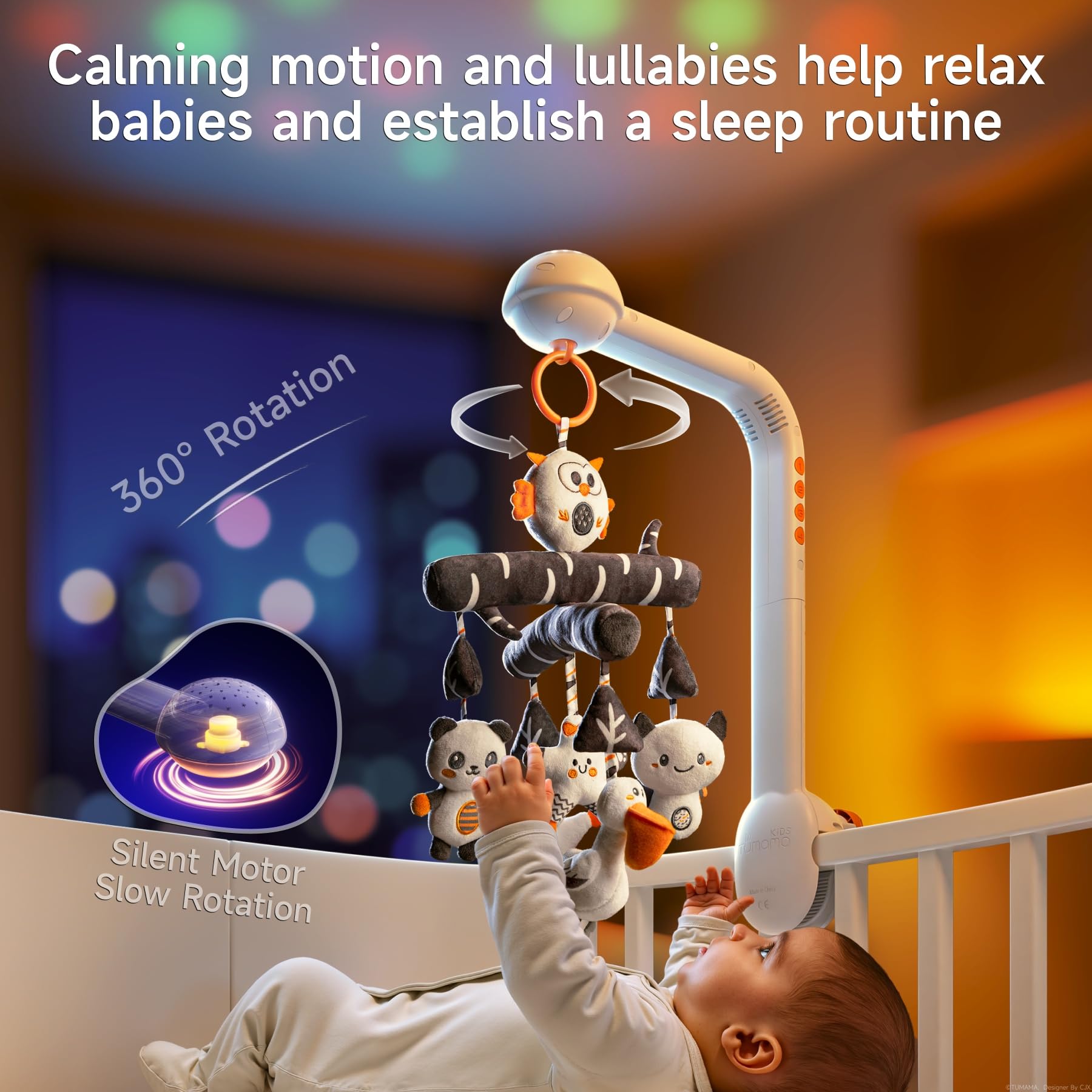 TUMAMA Baby Crib Mobile, High Contrast Baby Crib Toy with Projection Night Light, Music and White Noise, Soft Plush Animal Black