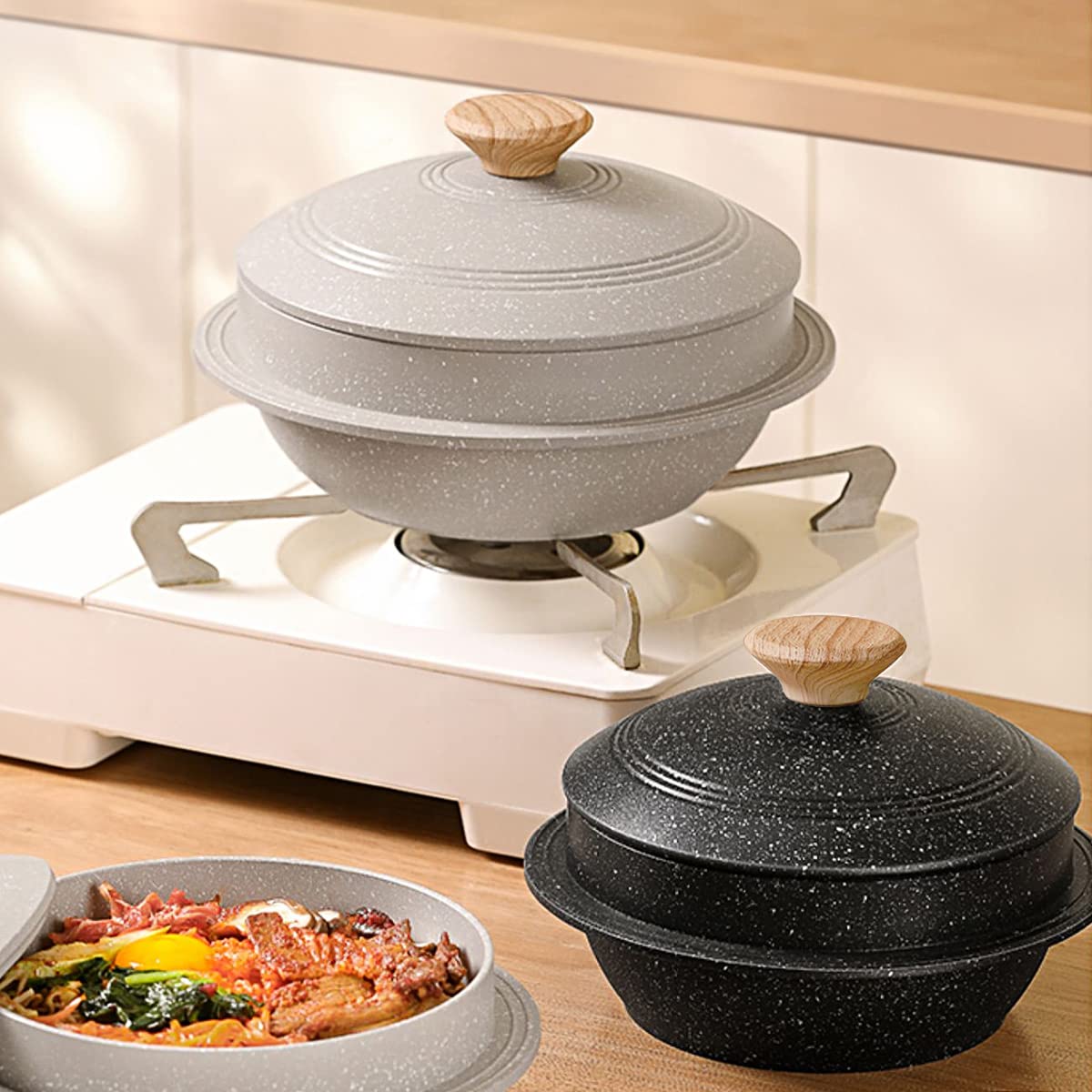 Bobikuke Korean Dutch Oven, Rice Pot, 7.9 In Enameled Cast Aluminum Pot With Lid, Korean Stone Bowl For Induction, White