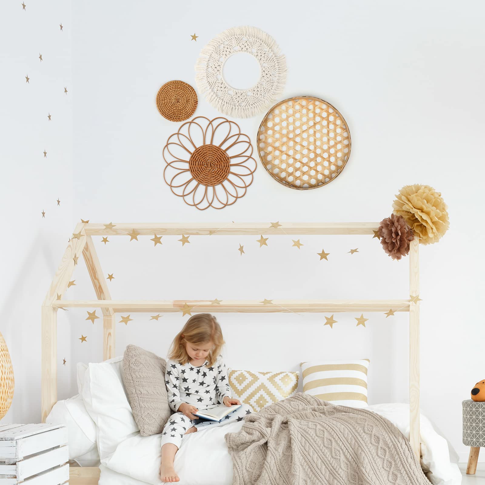 Set Of 8 Boho Wall Basket Decor Flat Woven Basket Wall Decor Set Rattan Wall Decor Round Bamboo Hanging Wall Basket Macrame Tass