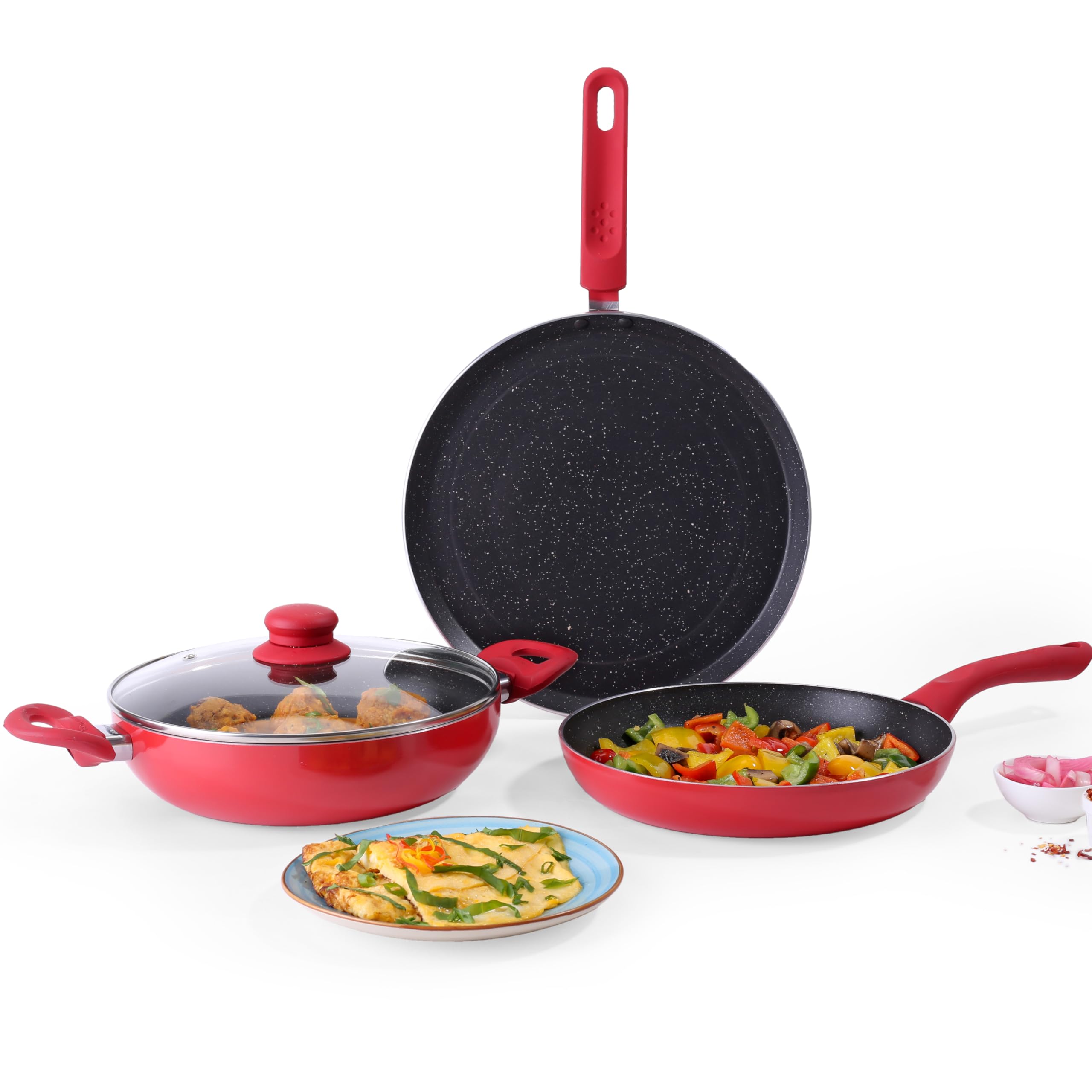 Wonderchef Milano NonStick Cookware 4 Pc Set | Dosa Tawa, Fry Pan, Kadhai For Cutlets, Curries, Dosas | Pfoa Free | Virgin Alum