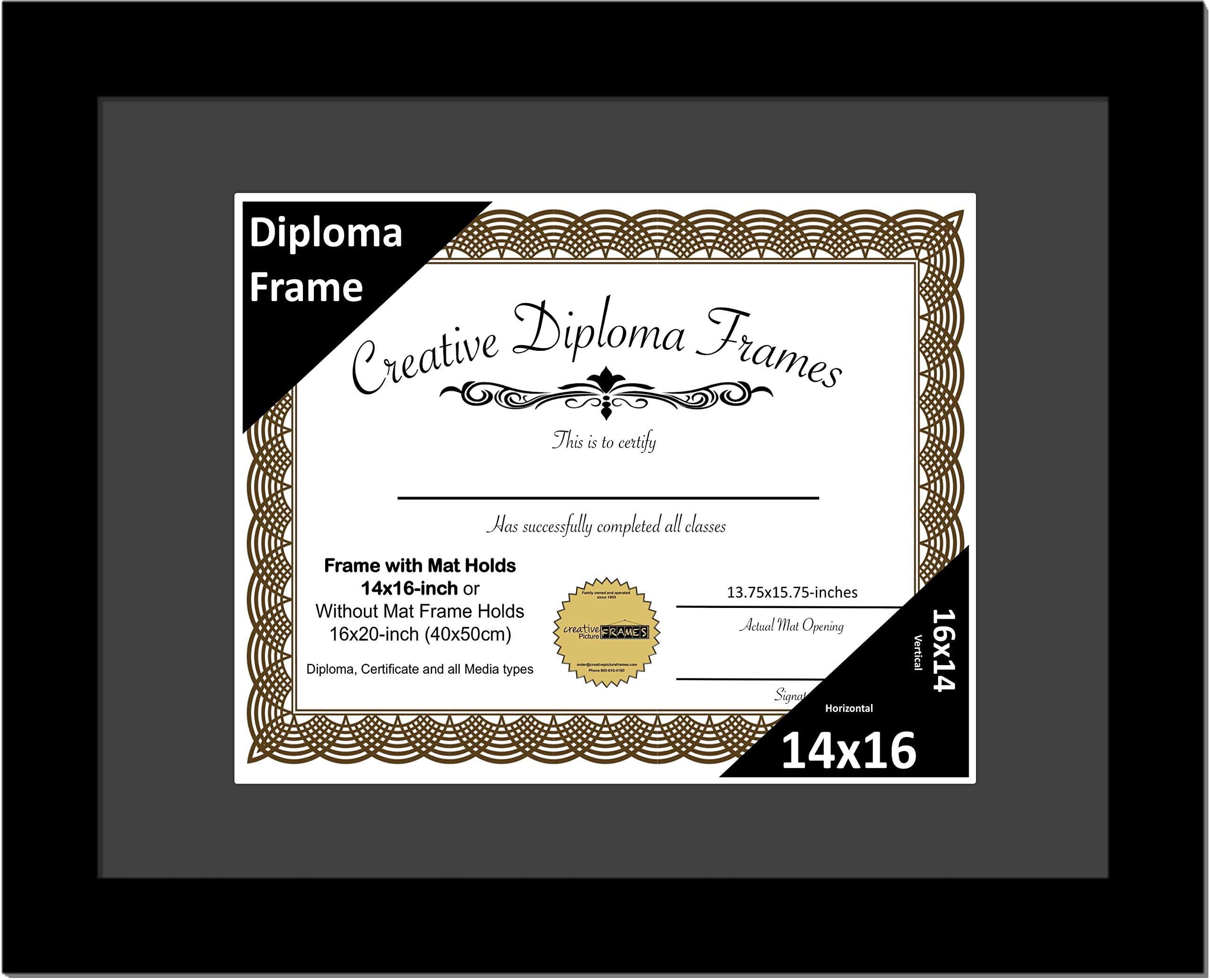 Creative Picture Frames 14x16 Classic Black Diploma Frame with Black Mat Glass Easel and Installed Wall Hangers | Frame Holds 16