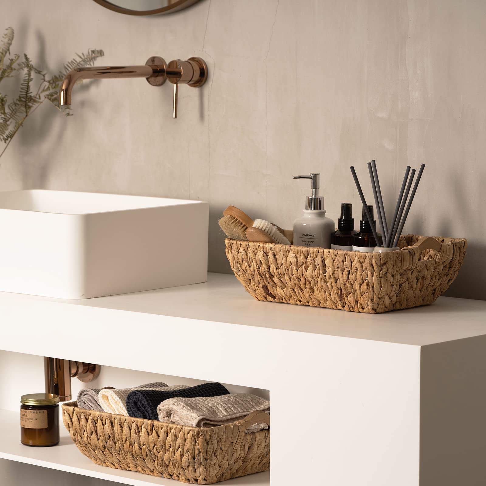 Fairyhaus Wicker Baskets With Handles, Natural Wicker Basket For Organizing Shelves, Small Hand Woven Water Hyacinth Storage Bas