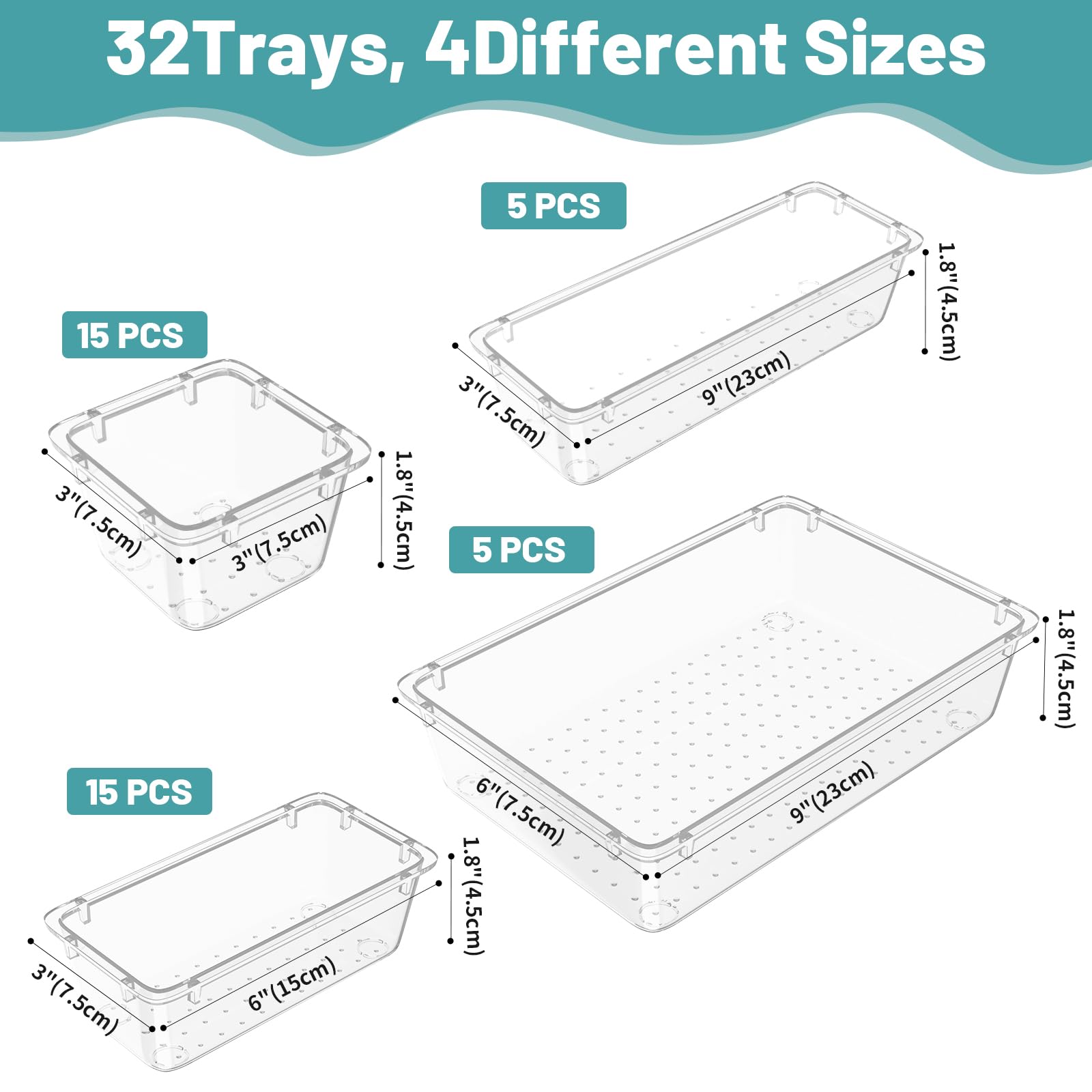 WOWBOX 40 PCS Clear Plastic Drawer Organizer Set, 4 Sizes Desk Drawer Organization and Storage Containers for Makeup, Cosmetics,