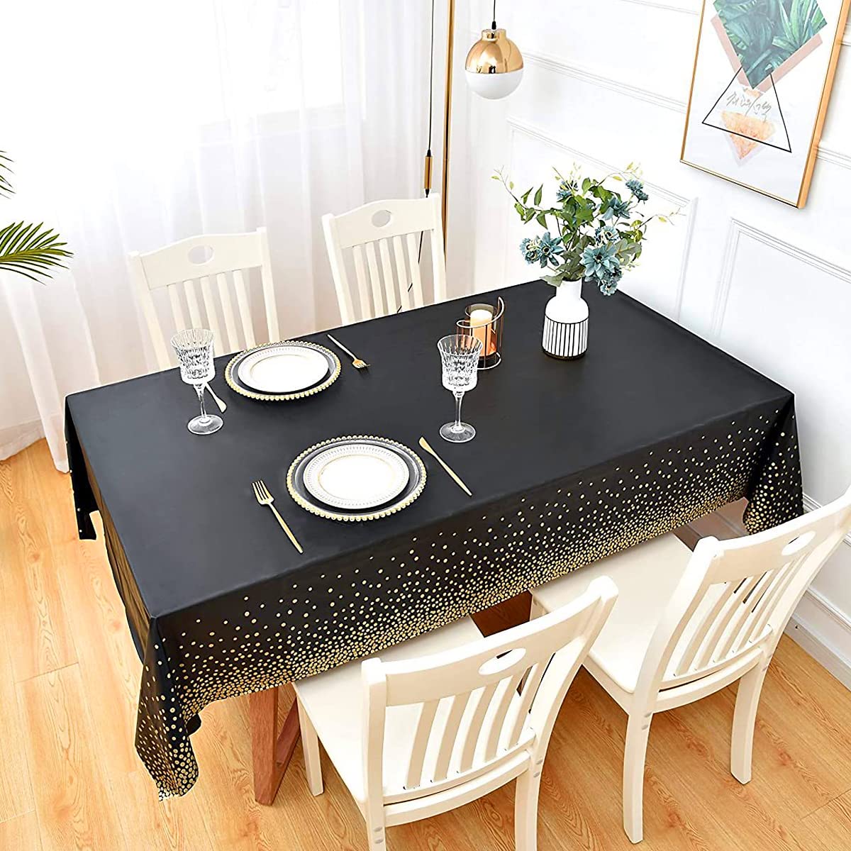 Jepeux 2 Packaging Black And Gold Plastic Tablecloth, 54 Inch X108 Inch Rectangular Disposable Dot Party Table Cover, Suitable F