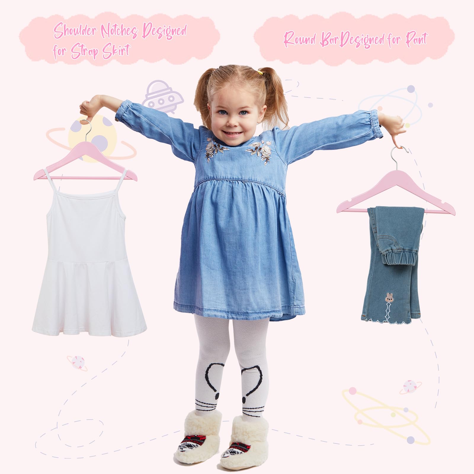 Fairyhaus Kids Wooden Hangers 20Pack Pink, 12.8 Inch Baby Wooden Hangers For Closet, Anti-Rust 360 Swivel Hook, Notches & Smooth