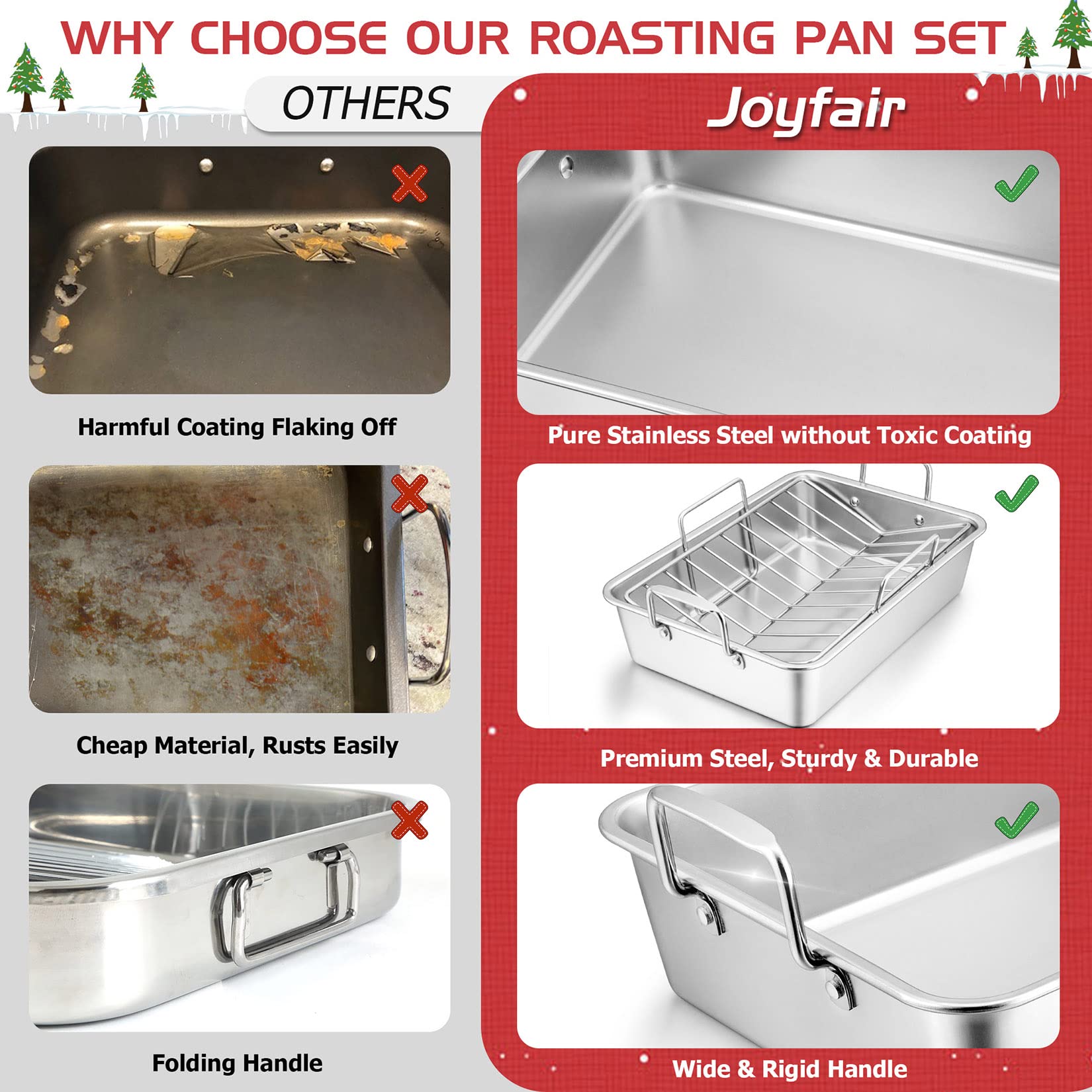Large Turkey Roasting Pan With Rack, Joyfair 15.3 Inch Stainless Steel Chicken Roaster Pan And V-Rack For Oven, Rectangular Bake