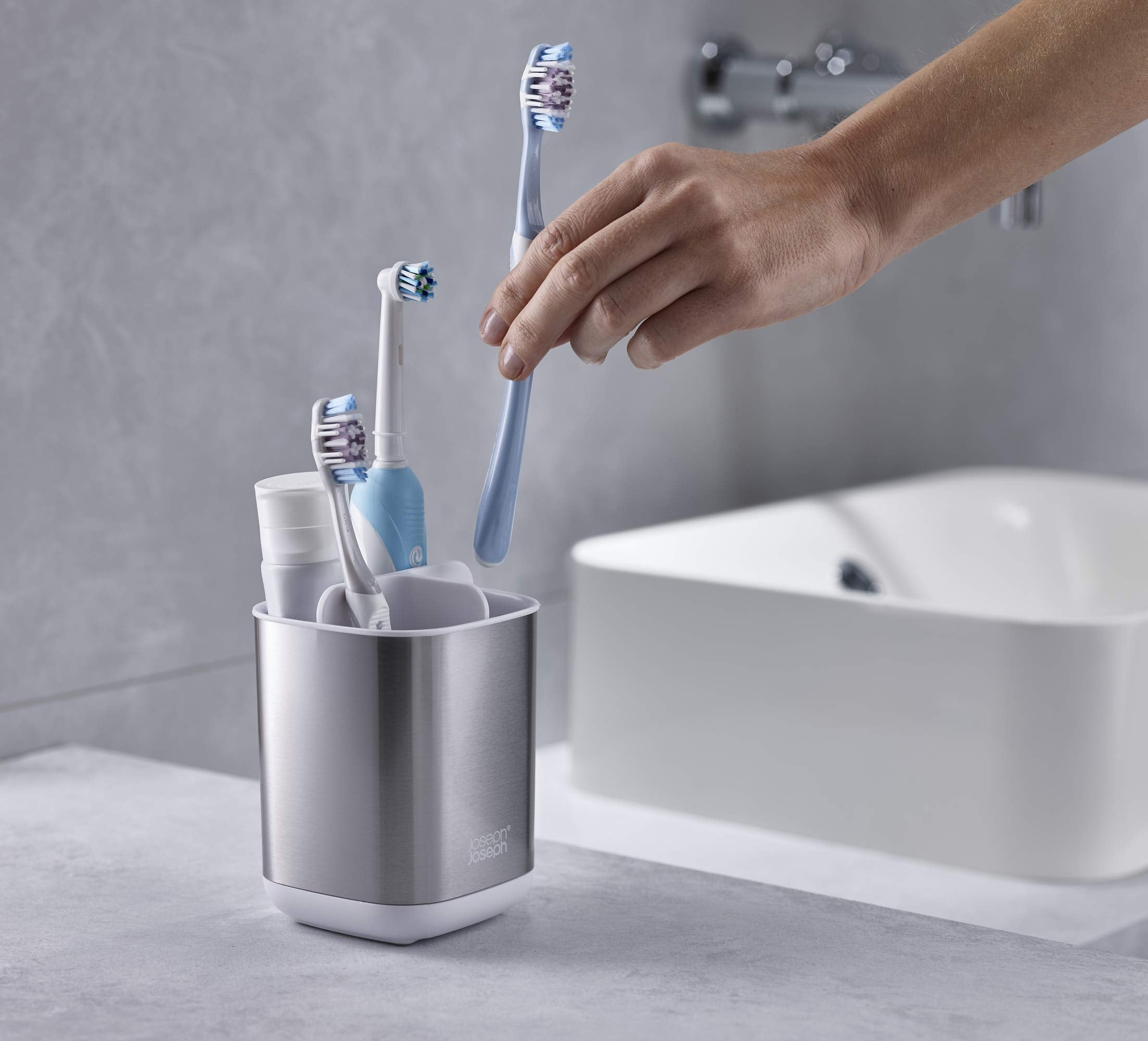 Joseph Joseph EasyStore Stainless Steel Toothbrush Holder Caddy, Small, Model 70530, Bathroom Storage Organizer