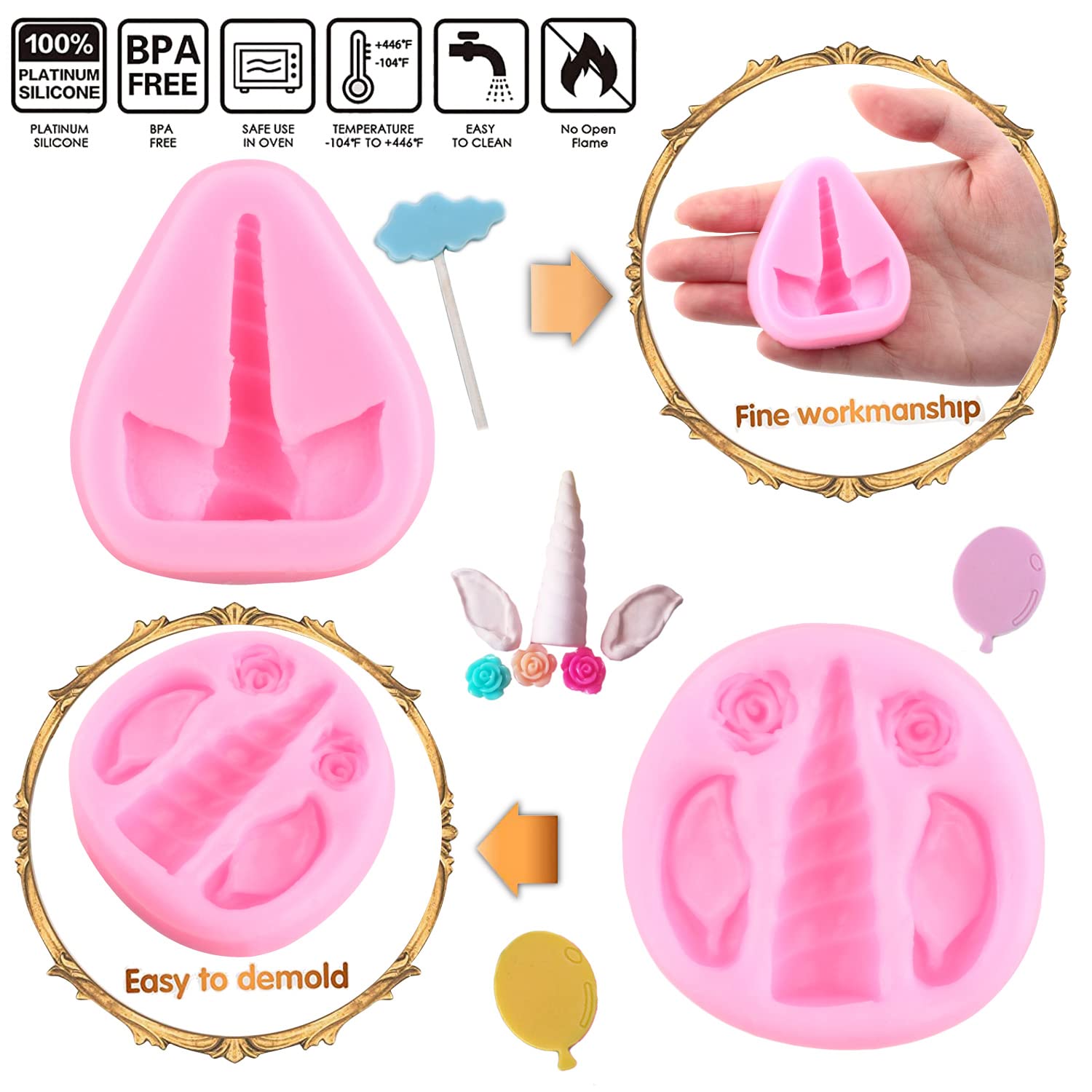 Mujiang Unicorn Mold Unicorn Horn Ears Cloud Balloon Silicone Fondant Molds For Cake Decoration Cupcake Topper Chocolate Gum Pas