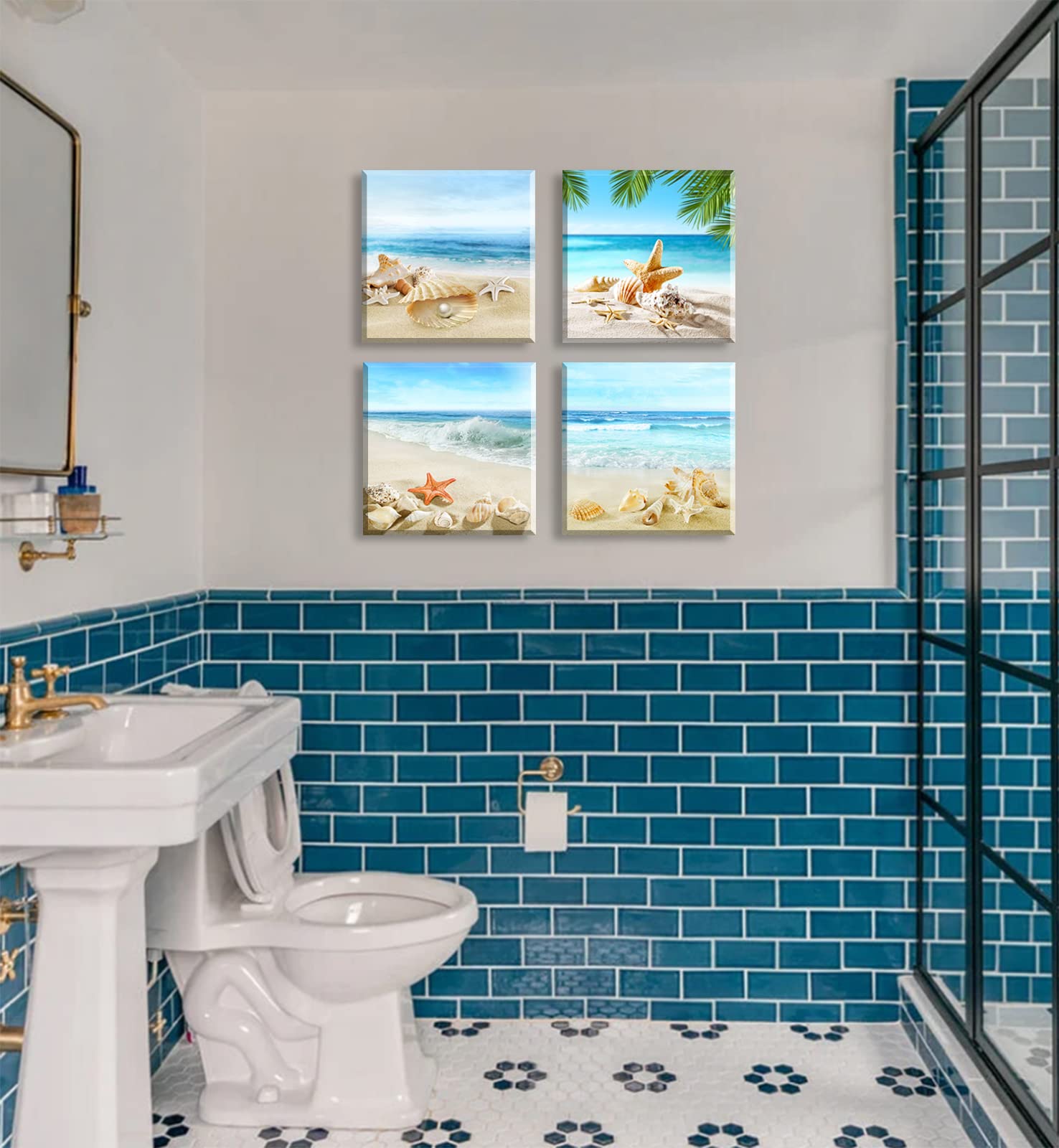 JiazuGo Beach Wall Art Bathroom Paintings Decor Seashell Starfish Nature Canvas Pictures Blue Ocean Theme Decorations Posters Contemporary Nautical for Bedroom