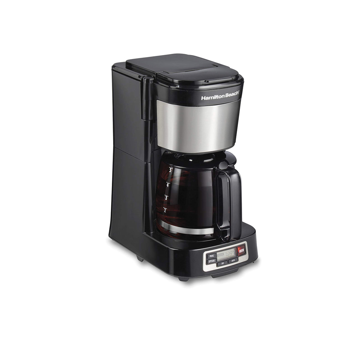 Hamilton Beach 5 Cup Compact Drip Coffee Maker With Programmable Clock, Glass Carafe, Auto Pause And Pour, Black & Stainless Ste