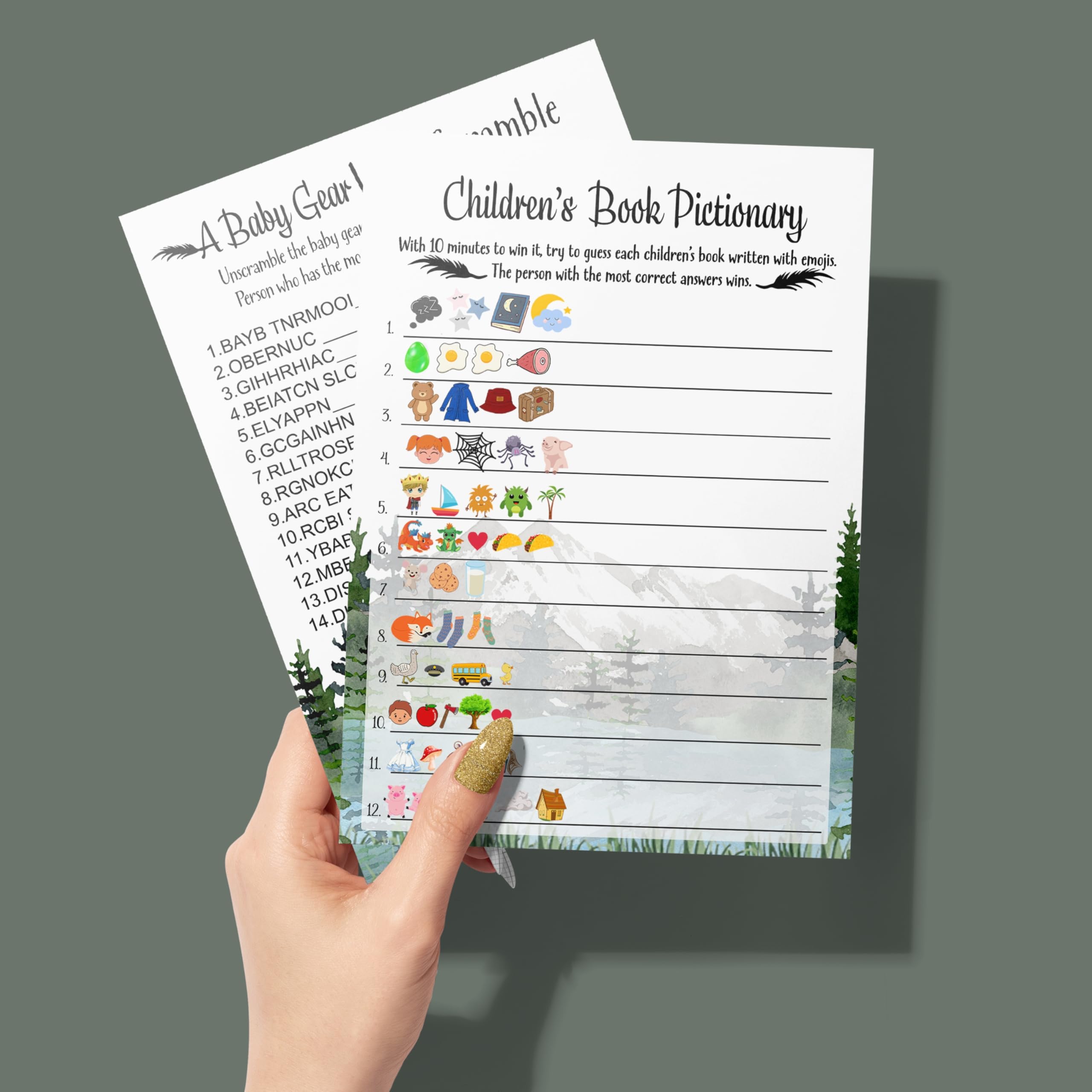 Adventure Awaits Baby Shower Games For Boys - 25 Cards - Guess The Storybook Titles & Baby Word Scramble - Mountain Theme Pack,