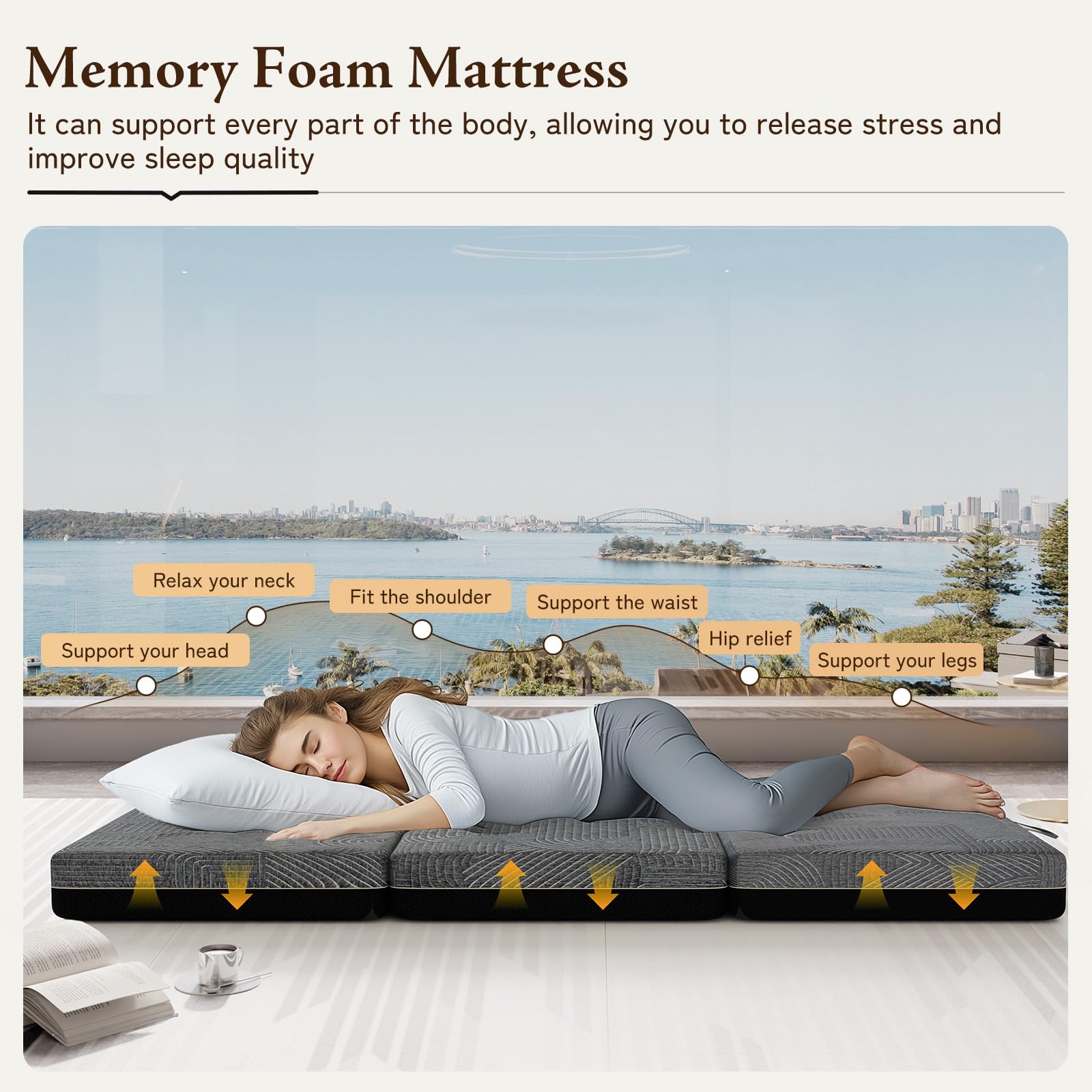 Gembed Tri Folding Mattress Full Size - Memory Foam Tri-Fold Mattress, Handle & Non-Slip Bottom, Portable Foldable Sofa Bed Floo
