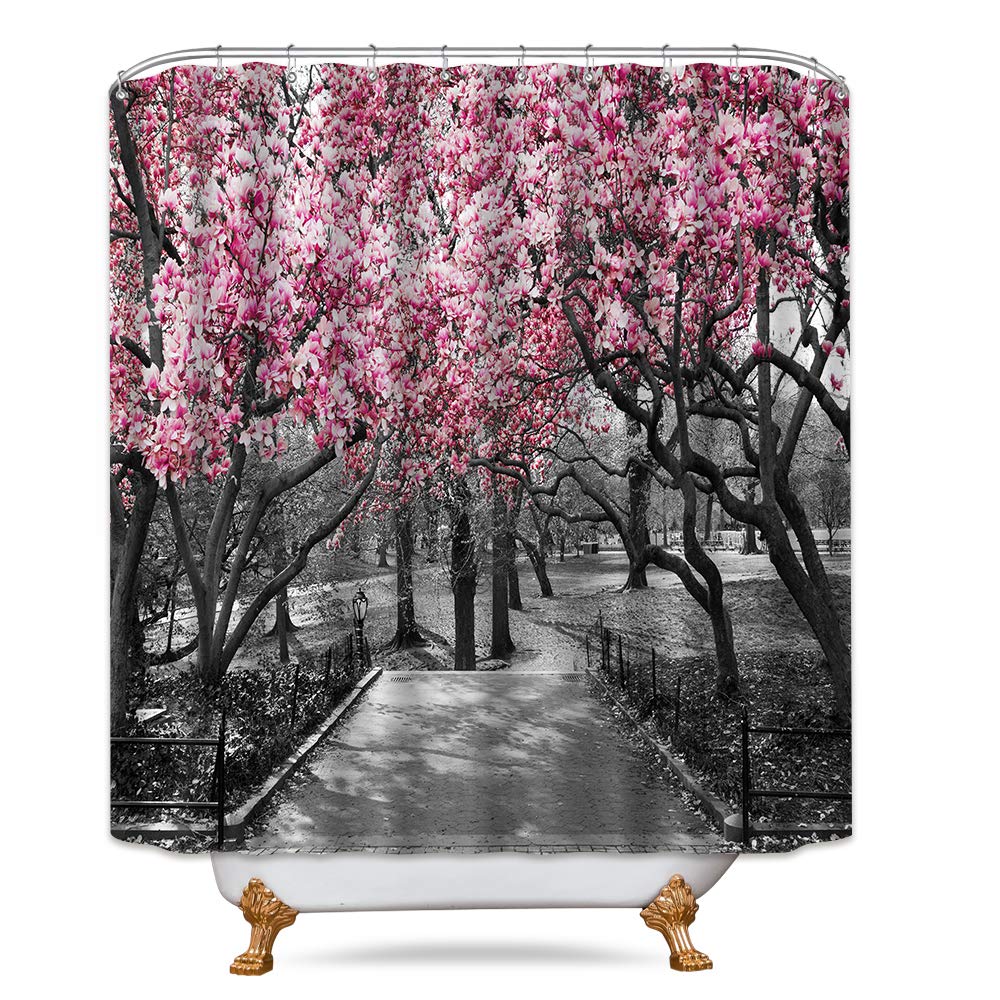 Riyidecor Blooming Pink and Gray Shower Curtain Forest Flowers Cherry Blossoms Park Spring Floral Trees Road Landscape Scenic Fabric Waterproof Bathroom Decor Set 72x72 Inch 12 Shower Plastic Hooks