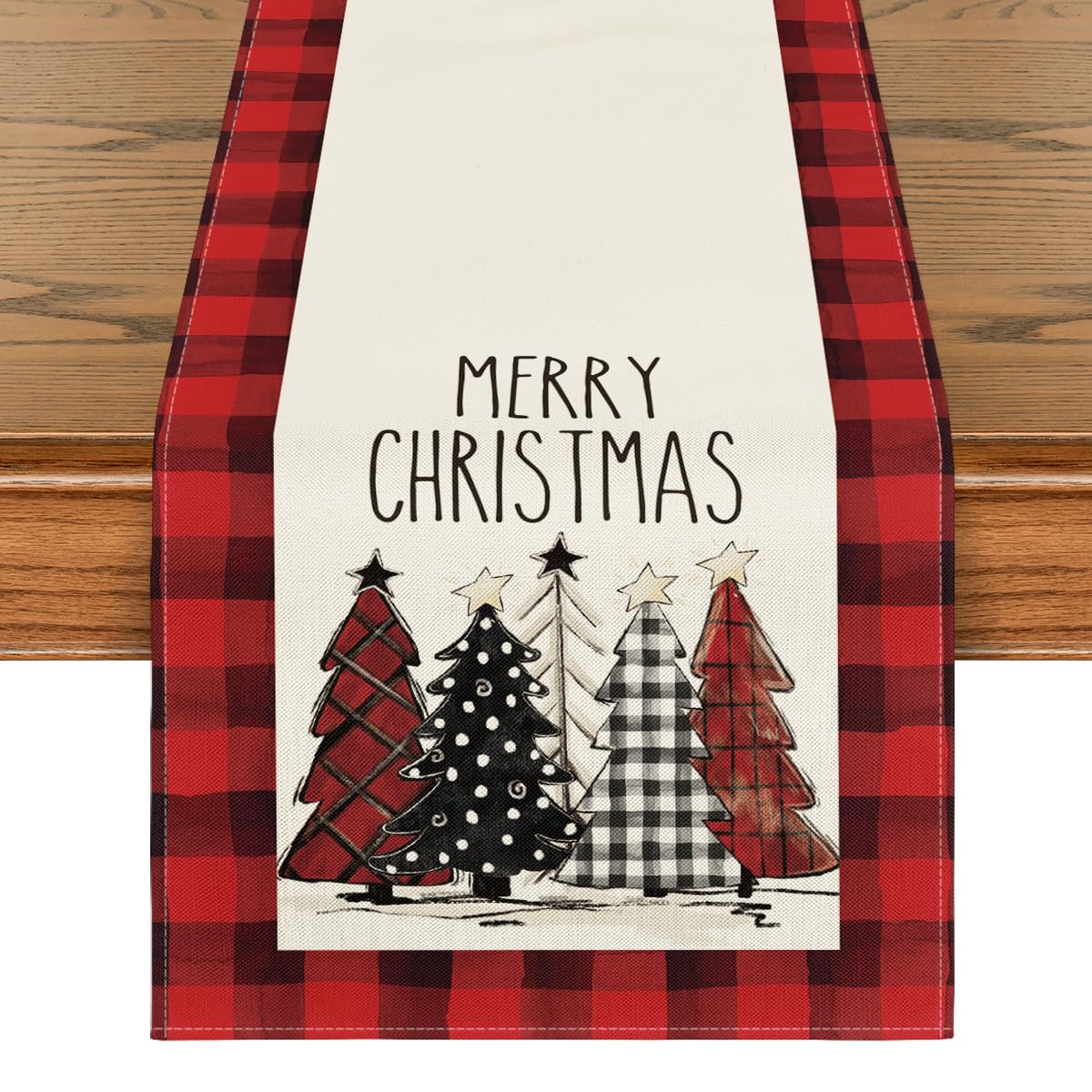 Artoid Mode Watercolor Red And Black Buffalo Plaid Christmas Trees Merry Xmas Table Runner, Seasonal Winter Holiday Kitchen Dini