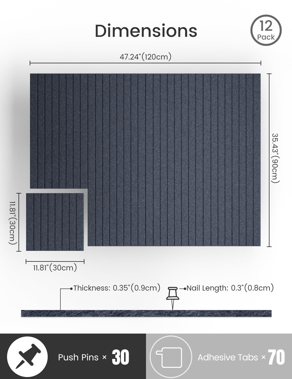 Bumusty Large Cork Board Alternative-47 x35 Felt Bulletin Board, with 30 Pushpins, 70 Adhesive Tabs, 12-Pack Slat Wall Paneling,