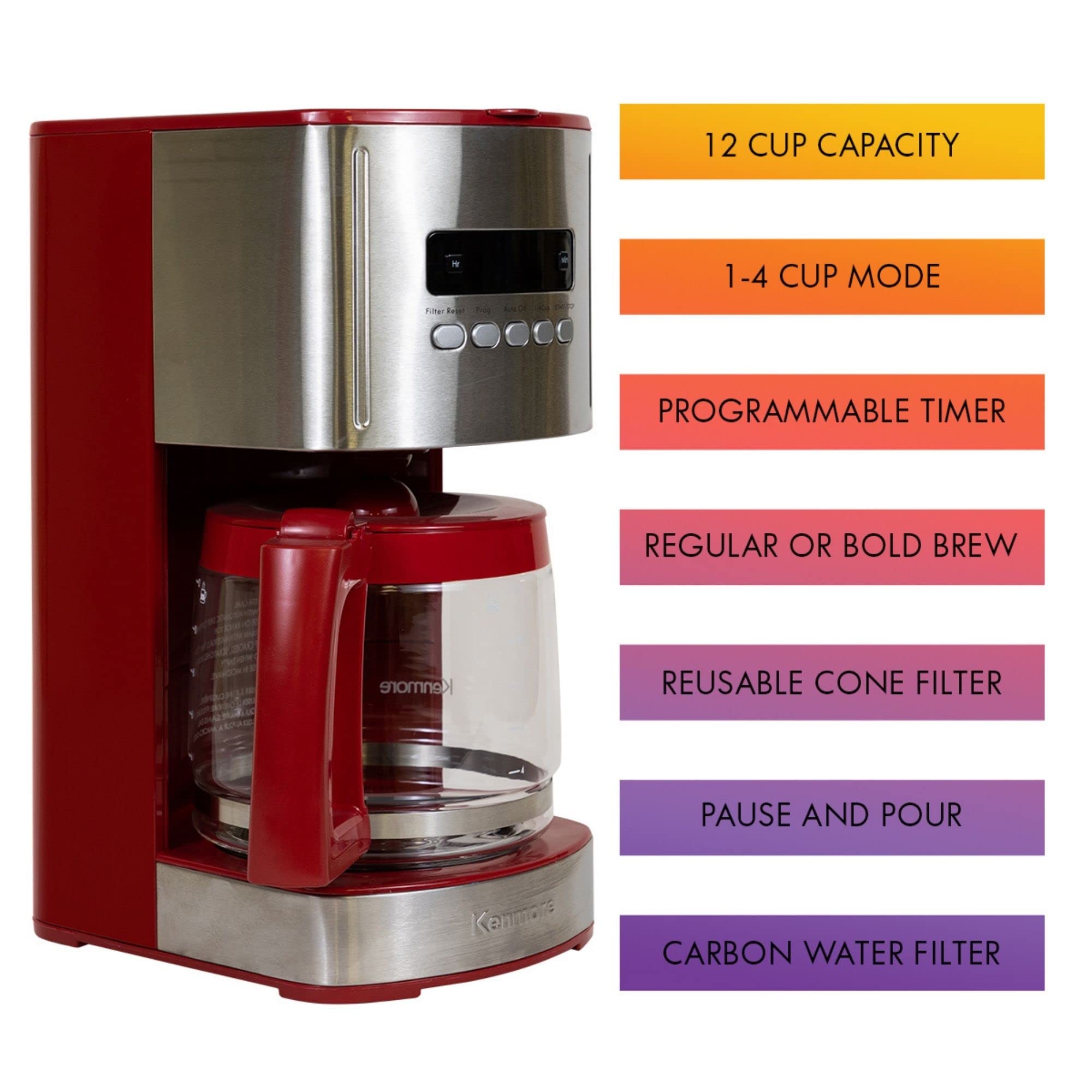 Kenmore Aroma Control 12-Cup Programmable Coffee Maker, Red And Stainless Steel Drip Coffee Machine, Glass Carafe, Reusable Filt