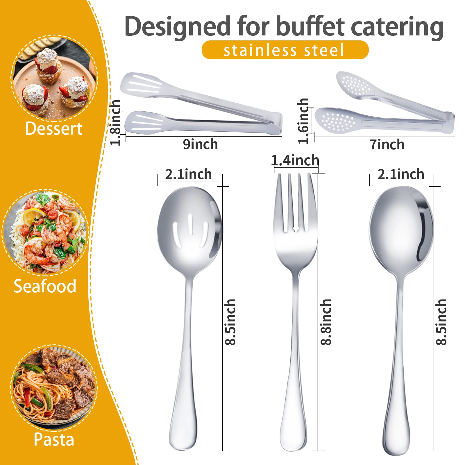 8 Pieces Stainless Steel Flatware Serving Utensils, Include 2 Serving Spoons, 2 Slotted Spoons, 2 Tongs And 2 Forks For Party Bu