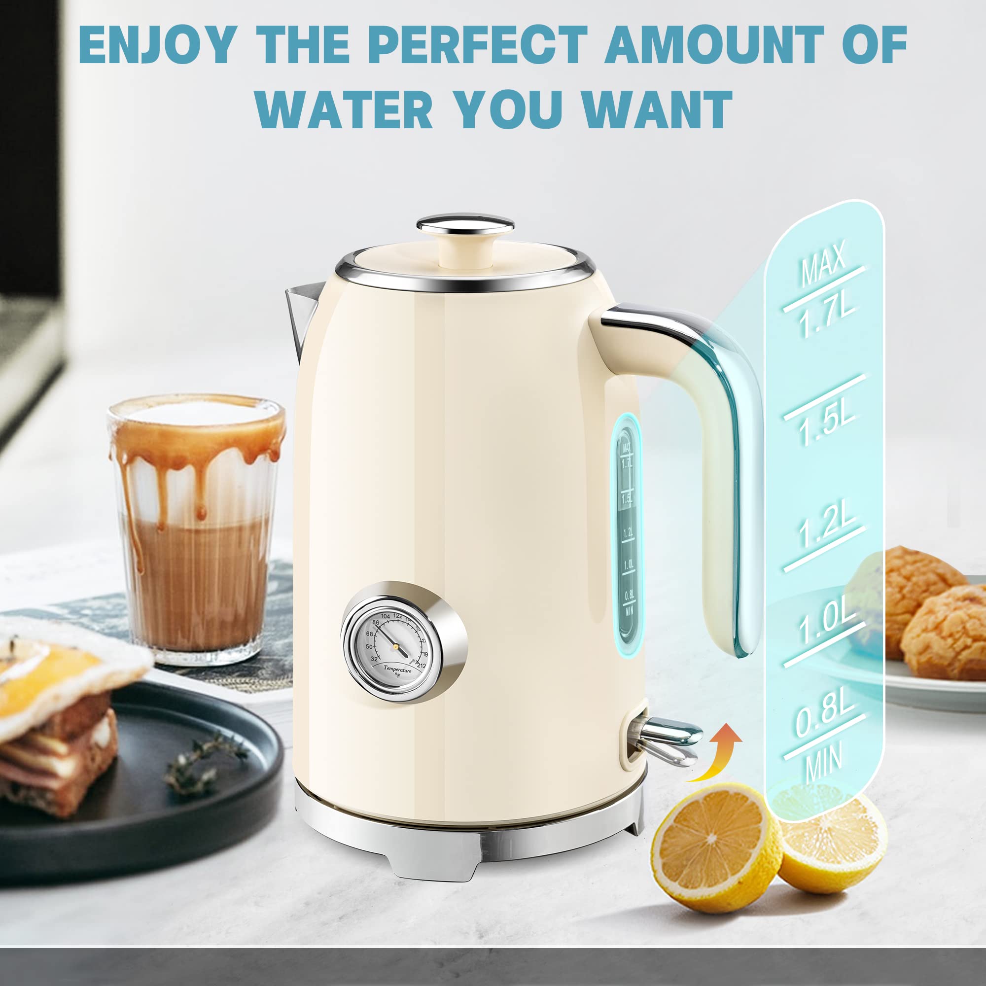 Susteas Electric Kettle - 57Oz Hot Tea Kettle Water Boiler With Thermometer, 1500W Fast Heating Stainless Steel Tea Pot, Cordles