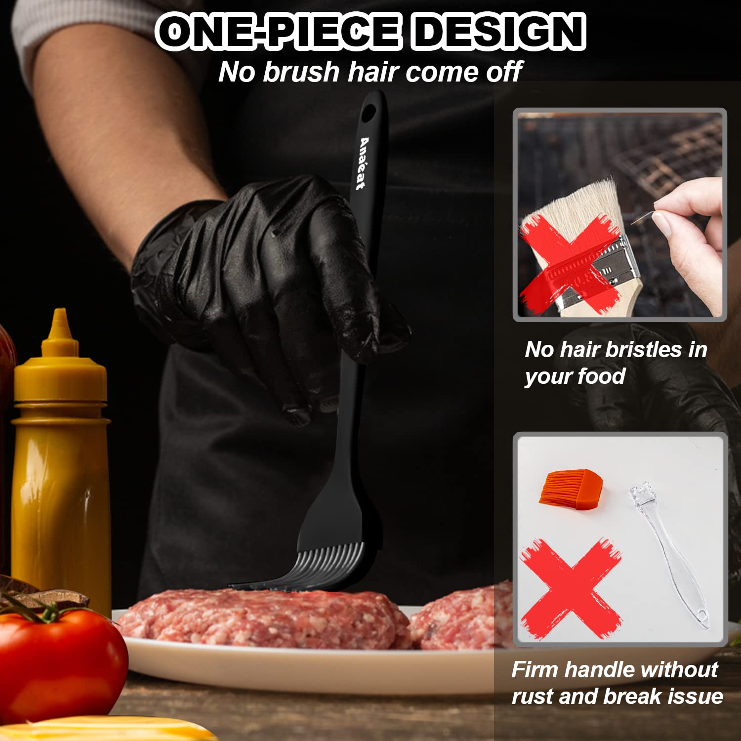 Anaeat High Heat Resistant Silicone Basting Pastry Brush Set of 3- Hygienic One Piece Design Spread Oil Butter for BBQ Grill Barbecue Baking Kitchen Cooking - BPA Free & Dishwasher Safe (10''+8'')