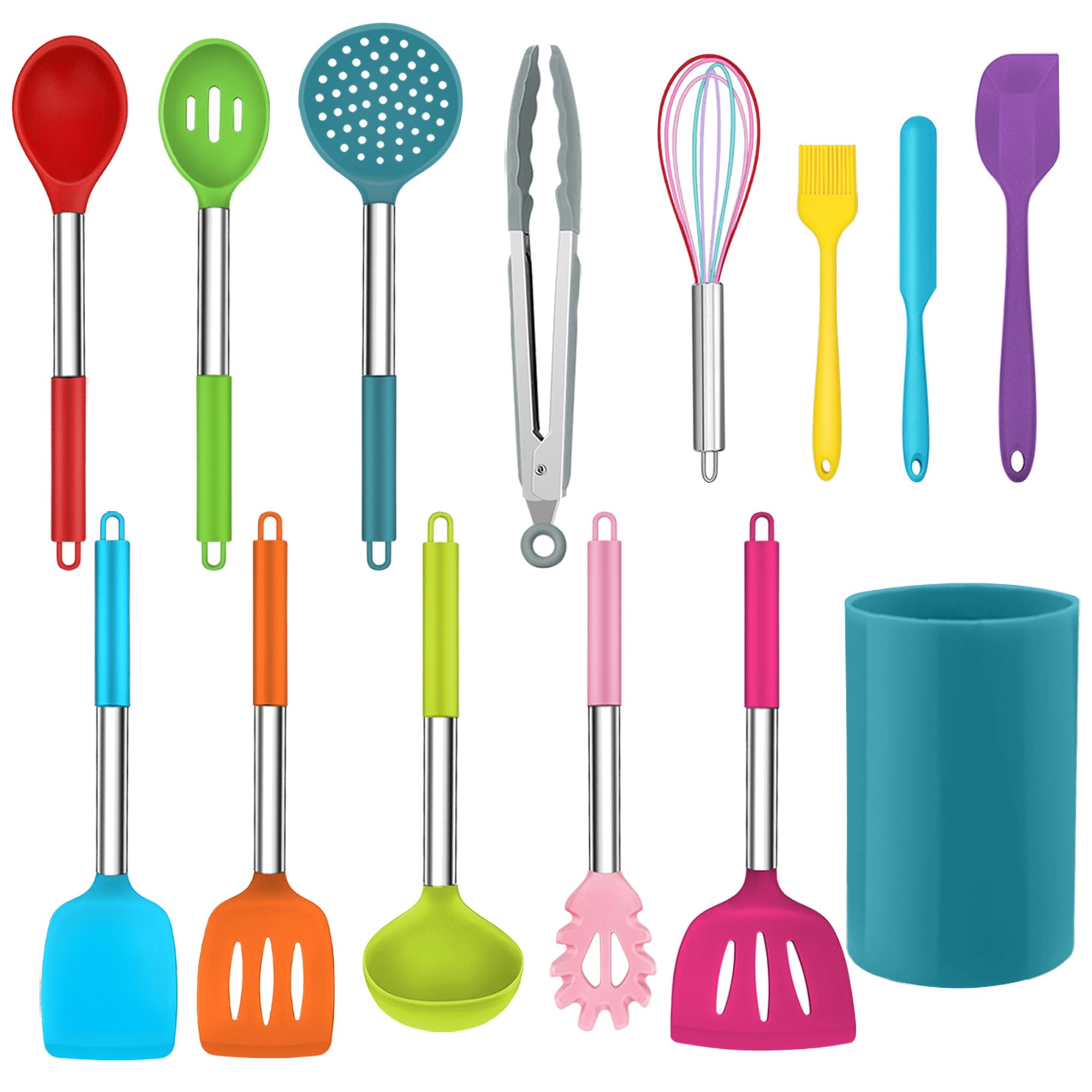 Teamfar 14 Pcs Cooking Utensil Set, Silicone Kitchen Utensil Set With Stainless Steel Handle, Spatula/Spoon/Turner/Skimmer, Heal