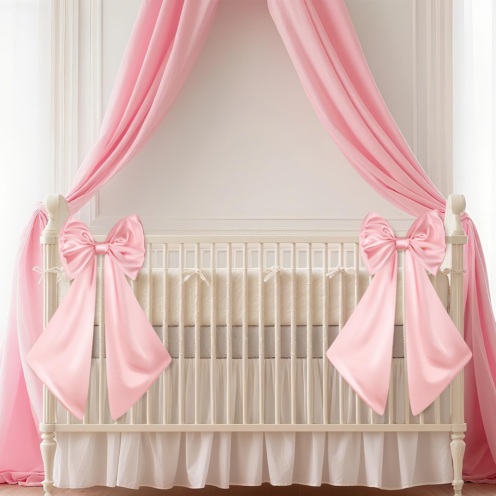 Suncalla 2 Pcs Large Pink Bows for Decoration 12 x 24 Pink Crib Bows Ribbon Coquette Double Layer Satin Silk Baby Crib Bedding f
