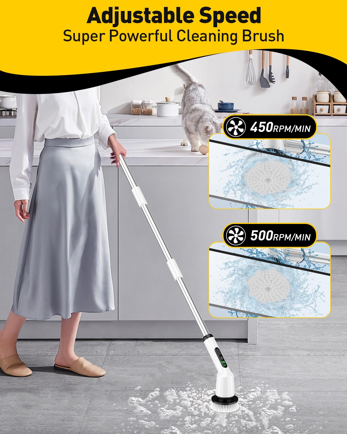 Electric Spin Scrubber, Shower Scrubber With Extendable 53.3'' Arm | Dual-Speed, 3 Brush Heads | Versatile Power Scrubber For Ba