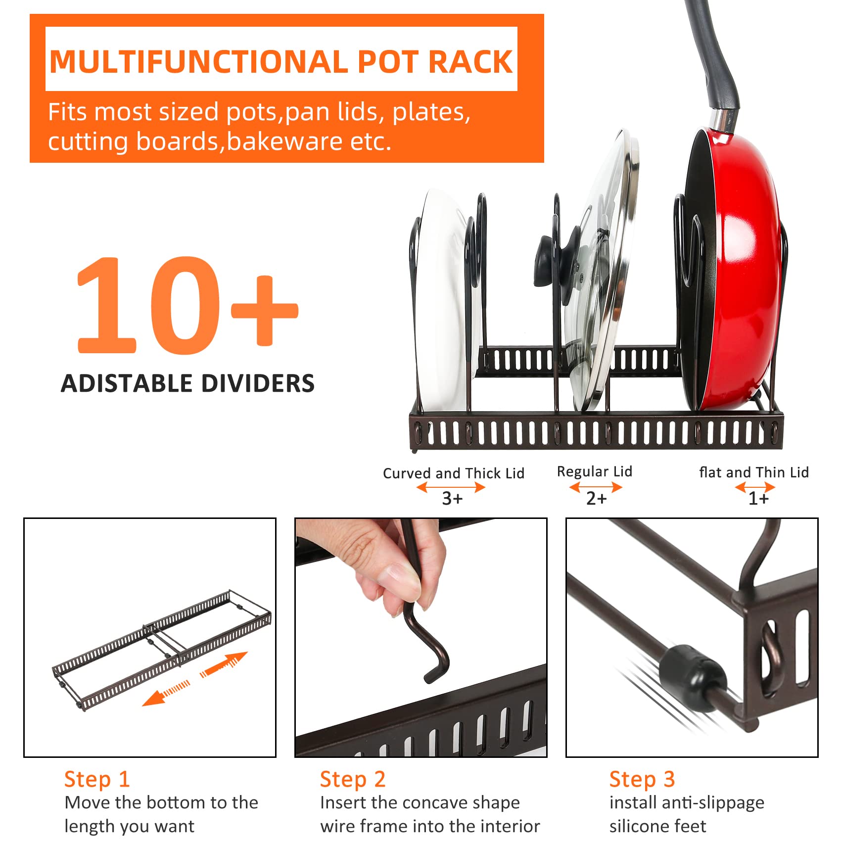 Roohua Pot Rack -Expandable Pan Organizer For Cabinet,Pot Lid Holder With 10 Adjustable Compartment For Kitchen Cabinet Cookware