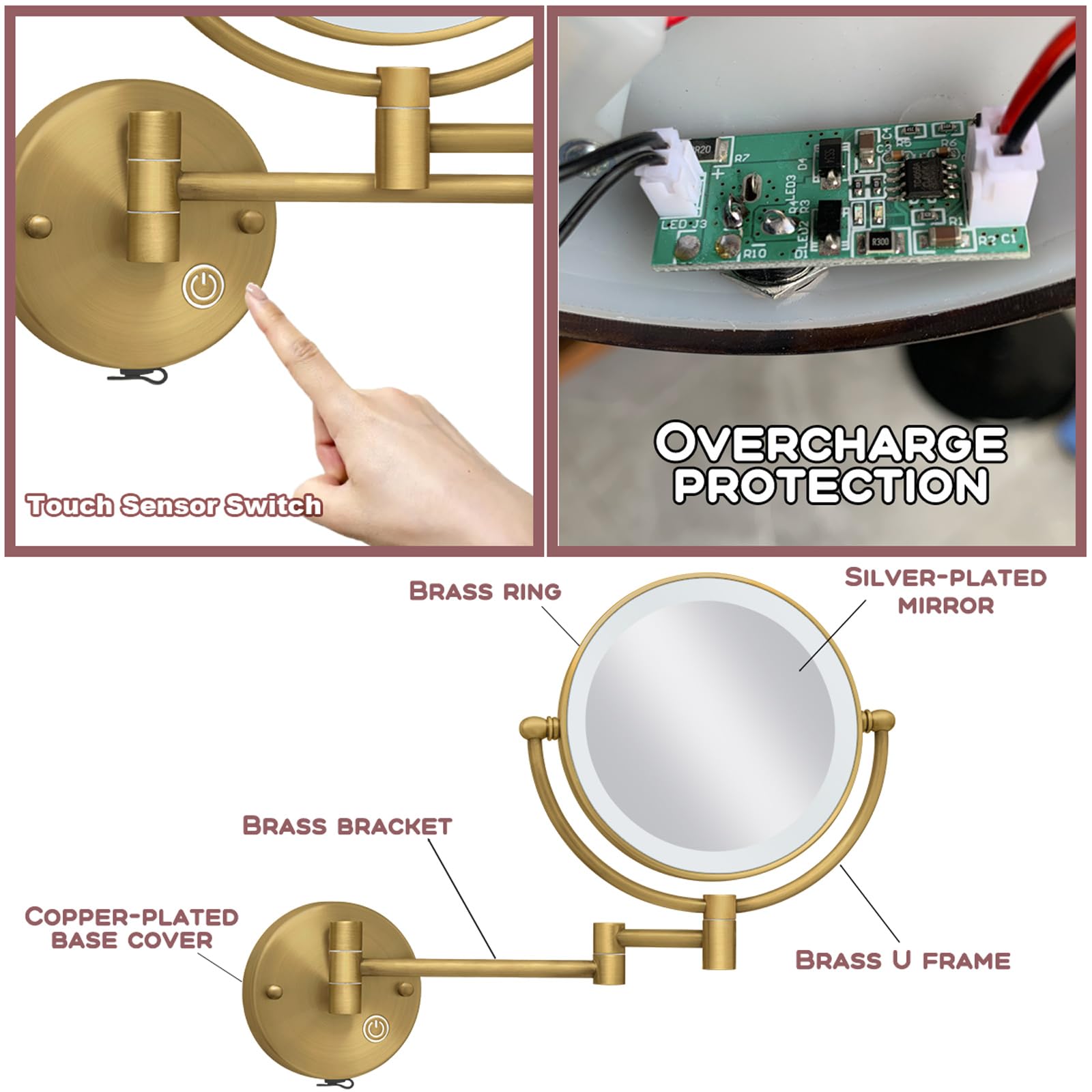 Reckodor Brass Wall Mounted Makeup Mirror With Lights And Magnification, Rechargeable Lighted Magnifying Mirror Wall Mount With
