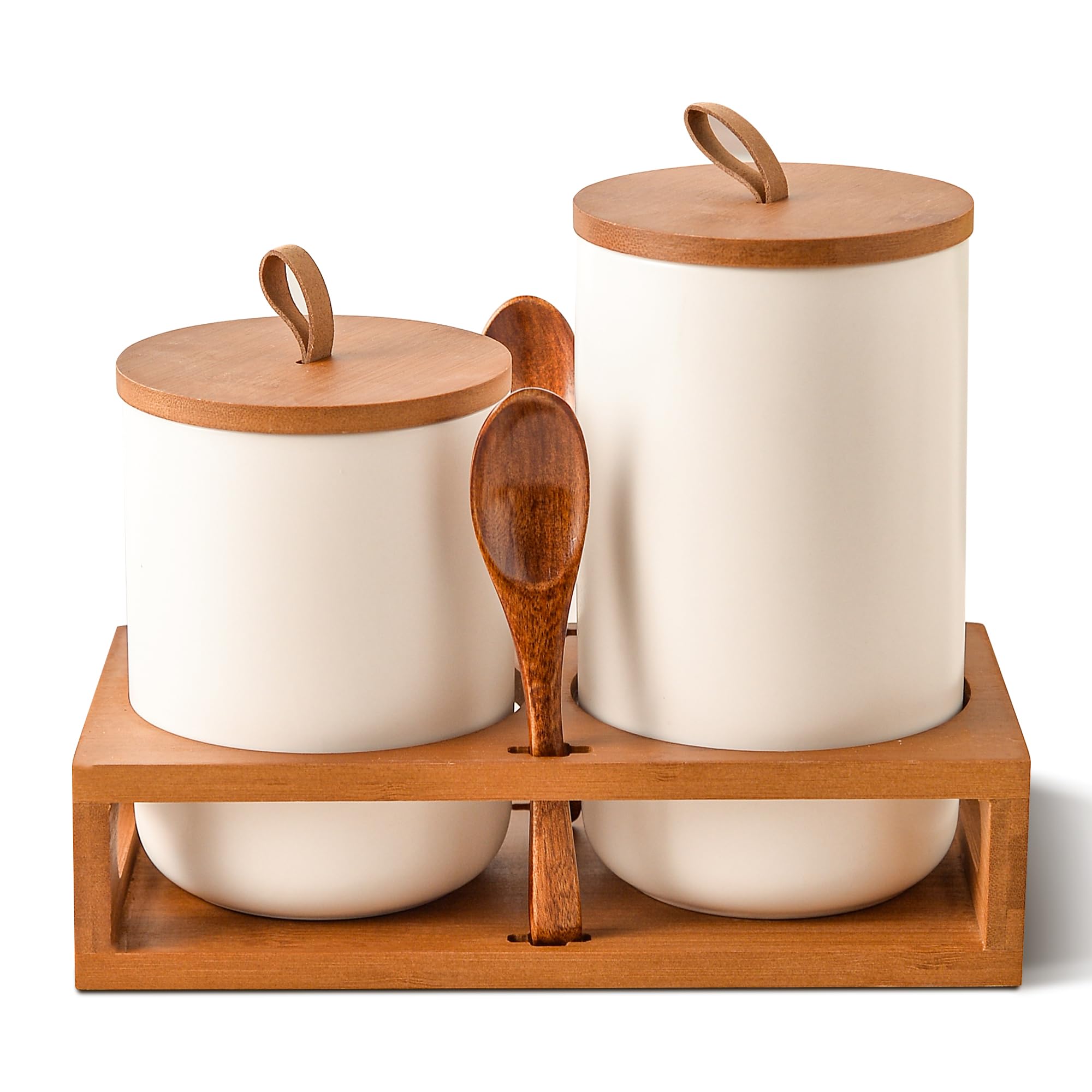 CoorFormer White Ceramic Canister Set of 2 with Bamboo Lids, Wooden Stand & Spoons  35oz & 28oz Airtight Food Storage Jars for 