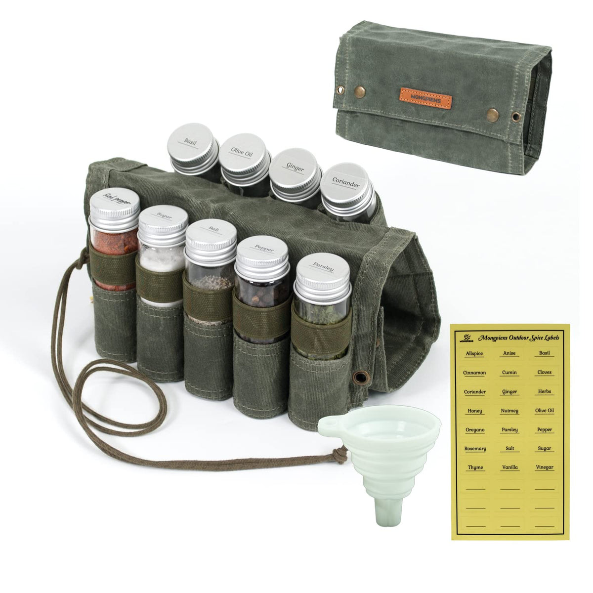 MONGPIENS Camping Spice kit with 9 spice Jar,rope,Spice Labels Sticker,Silicone Collapsible Funnel, Canvas Travel Seasoning cont