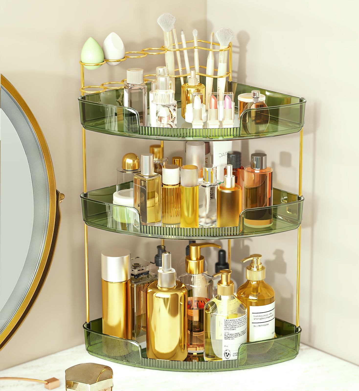 FELIZHOUSE 3-Tier Makeup Organizer for Vanity & Bathroom Countertop - Acrylic Storage Shelf with Perfume Tray & Makeup Brush Hol
