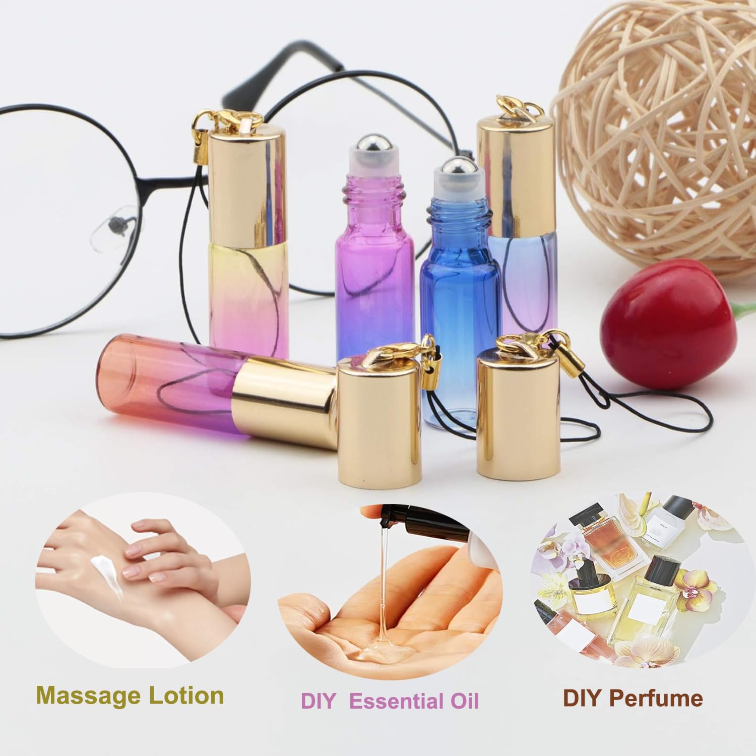 Jiuwu 15 Pack 5Ml Stainless Steel Ball Roller Bottles With Gold Cap Gradient Color Glass Essential Oil Roller Bottle For Perfume