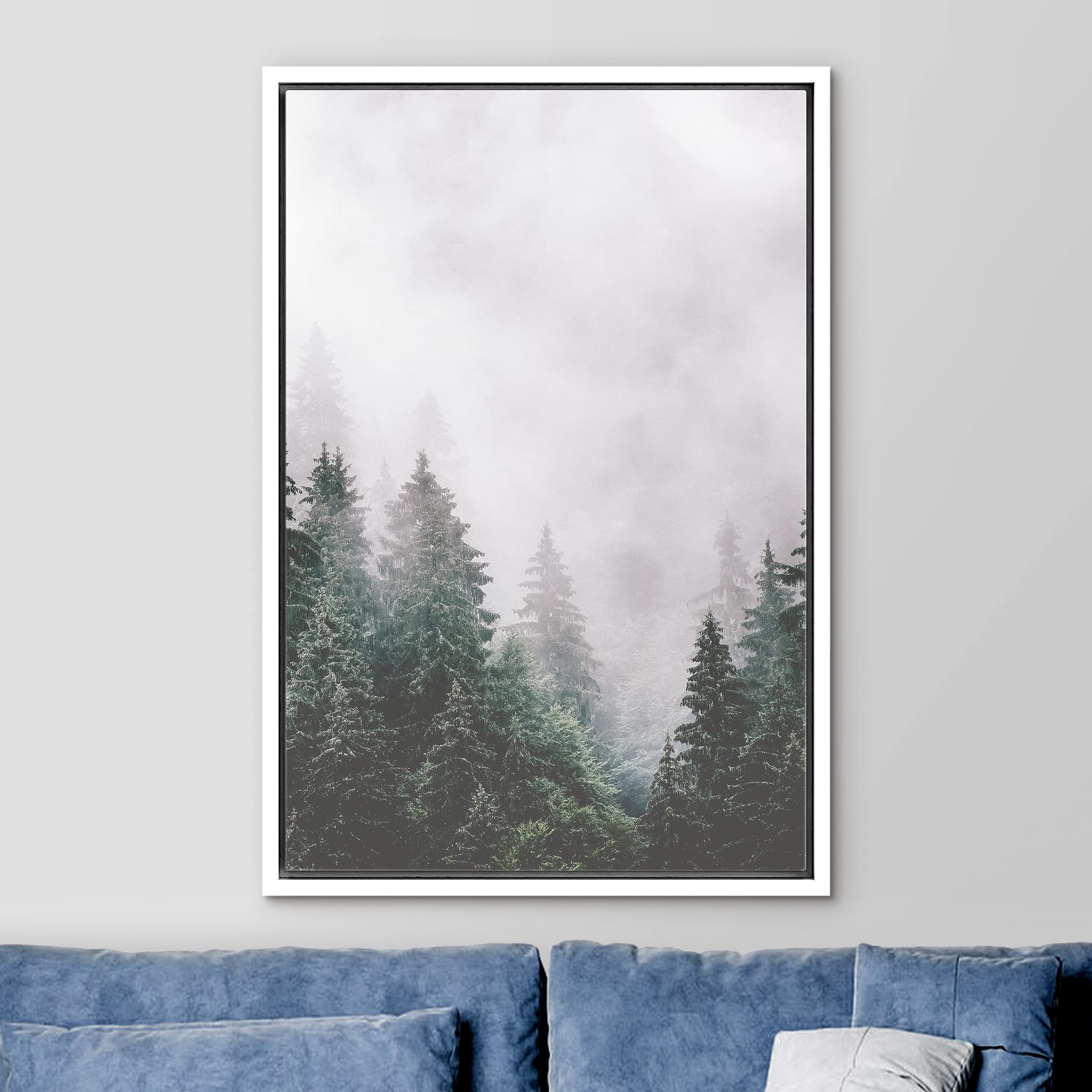 Ashbrook Framed Canvas Print Wall Art Washed Out Mist Over Forest Pine Trees Nature Wilderness Photography Modern Rustic Scenic