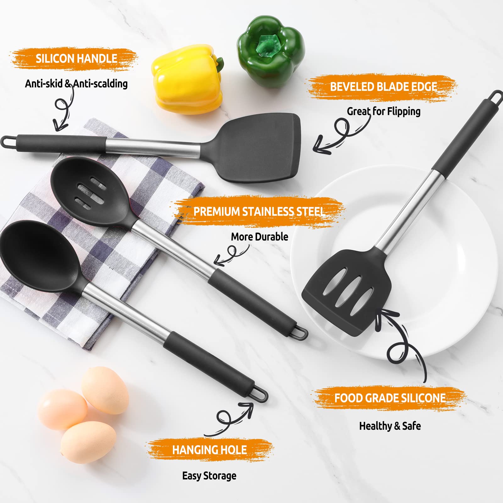 E-Far Cooking Utensils Set Of 4, Silicone Kitchen Utensils For Non-Stick Cookware, Heat Resistant & Non-Toxic Slotted Spatula So
