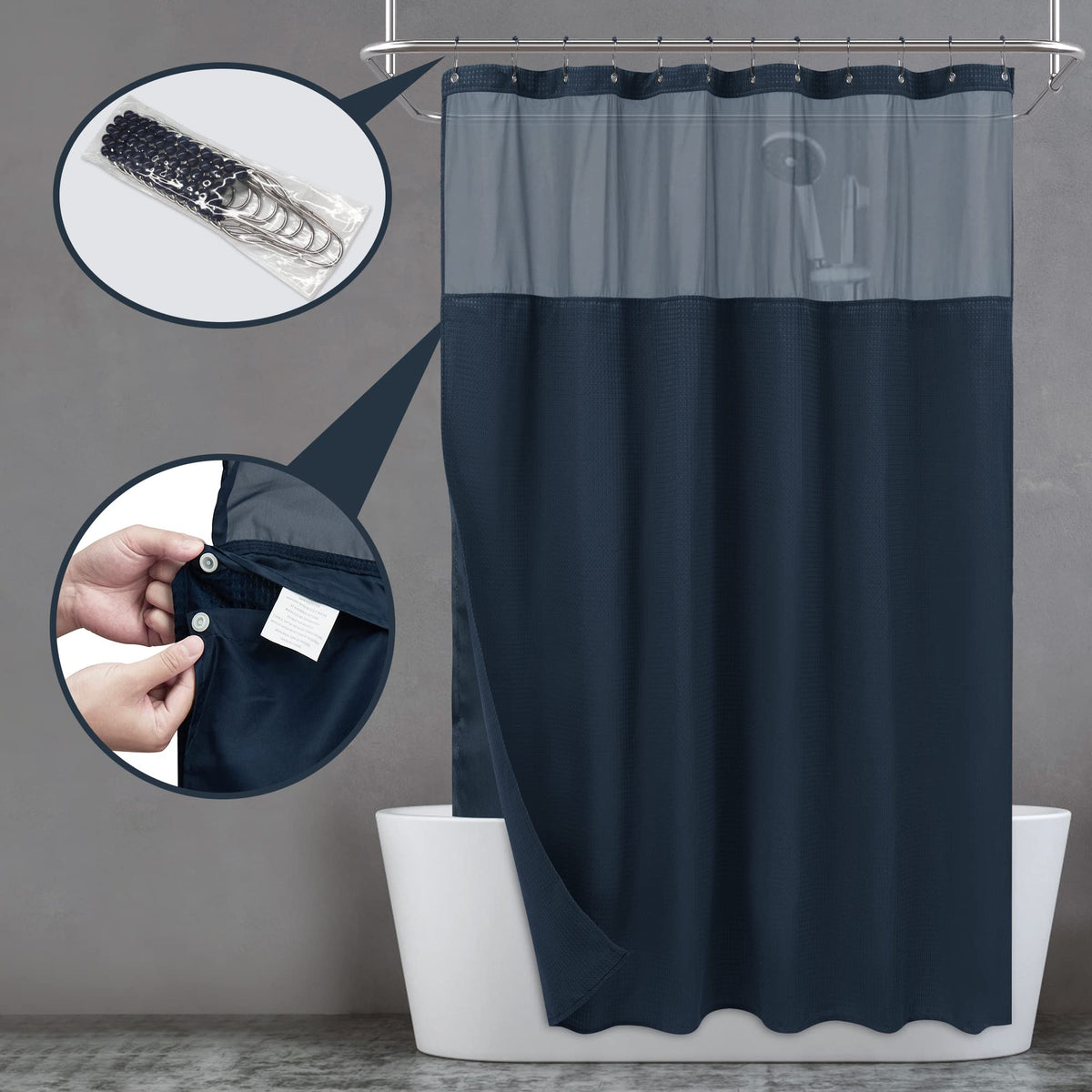 N&Y Home Waffle Weave Shower Curtain With Snap-In Fabric Liner & Metal Hooks Set - Hotel Style, Mesh Top Window, Water-Repellent