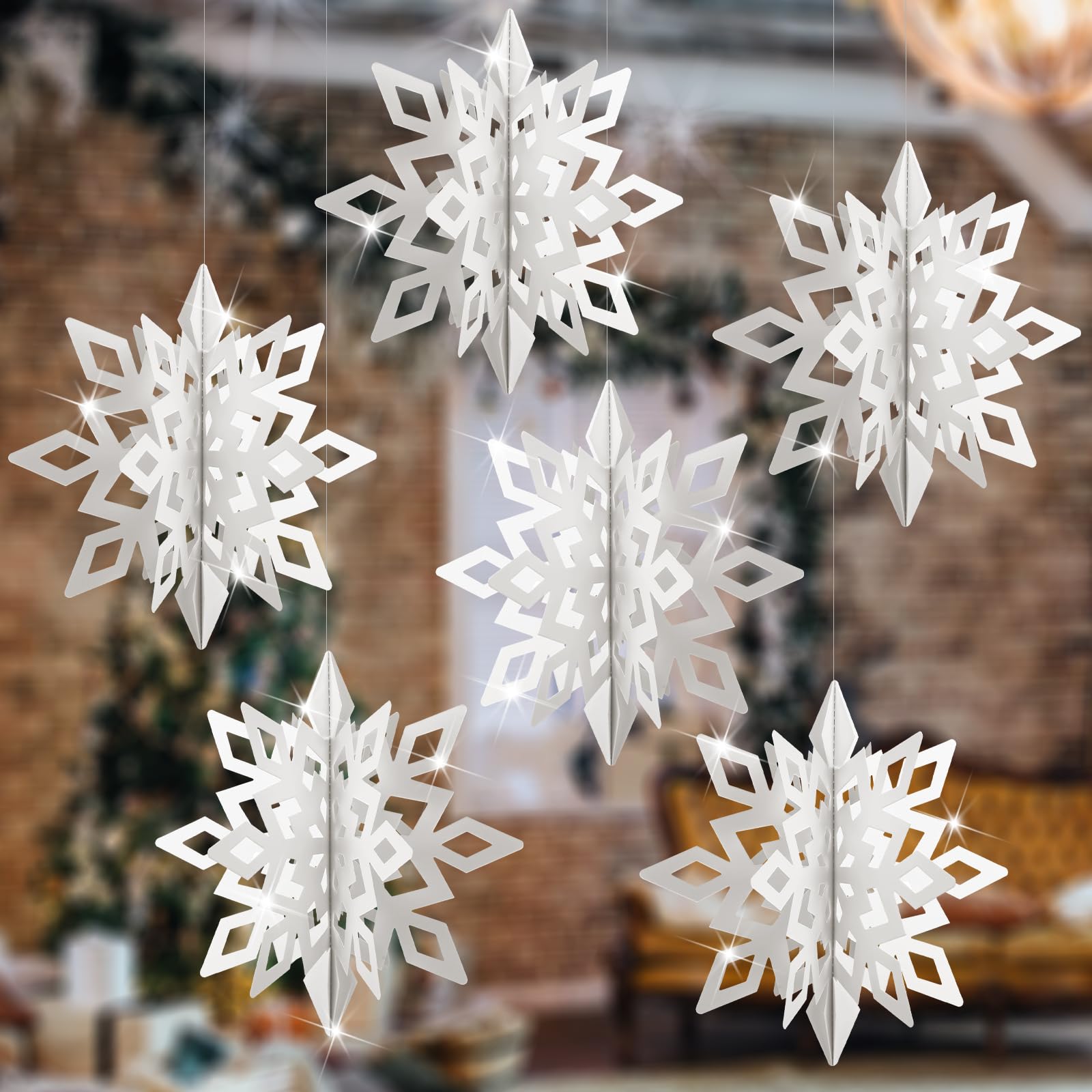 Syhood 6 Pcs 12 Inch Christmas Large Hanging Snowflake Decoration White Winter Outdoor 3D Holographic Paper Giant Craft Snowflak