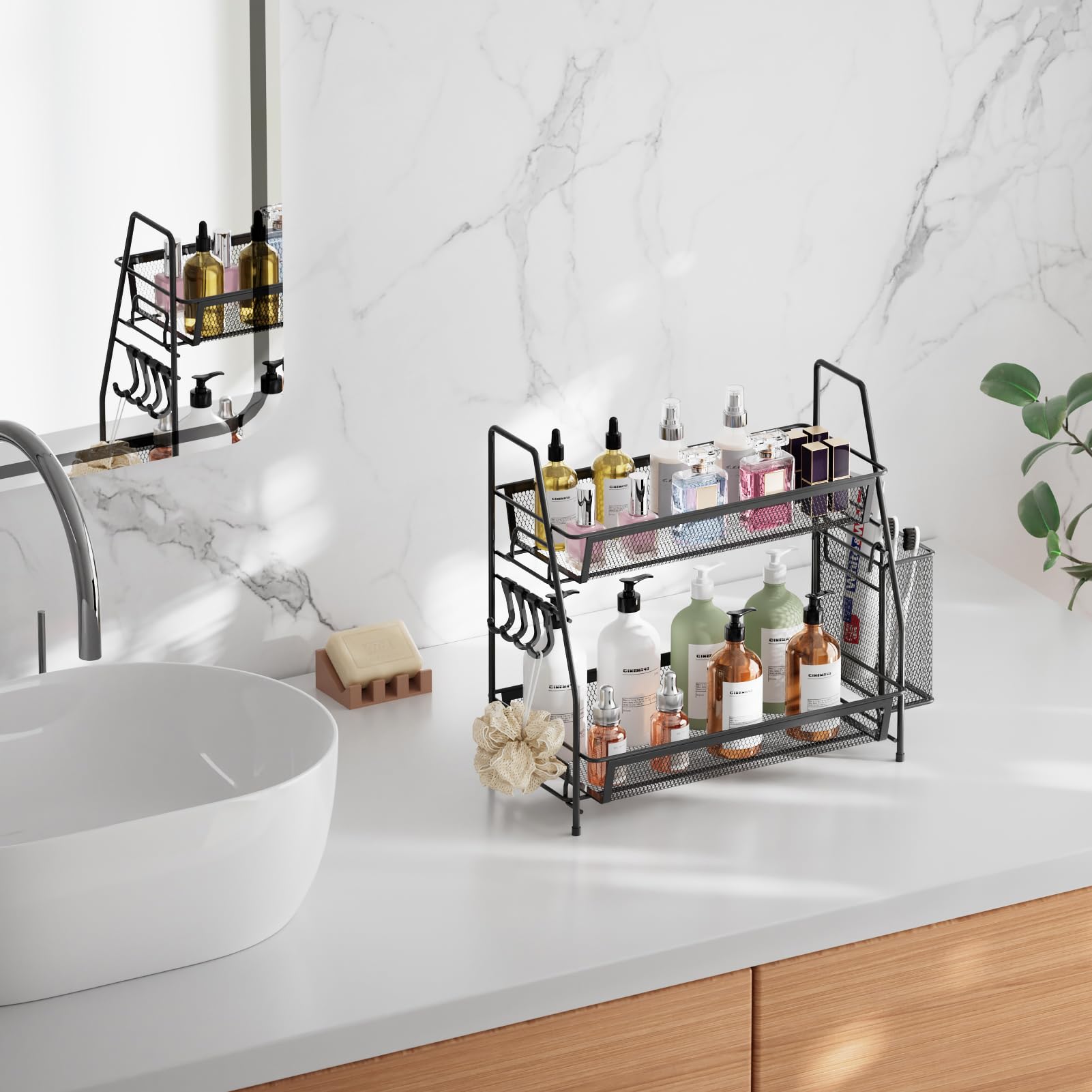 Vitviti 2-Tier Bathroom Organizer Countertop, Metal Wire Mesh Bathroom Counter Organizer Storage With Basket Hooks, Vanity Tray