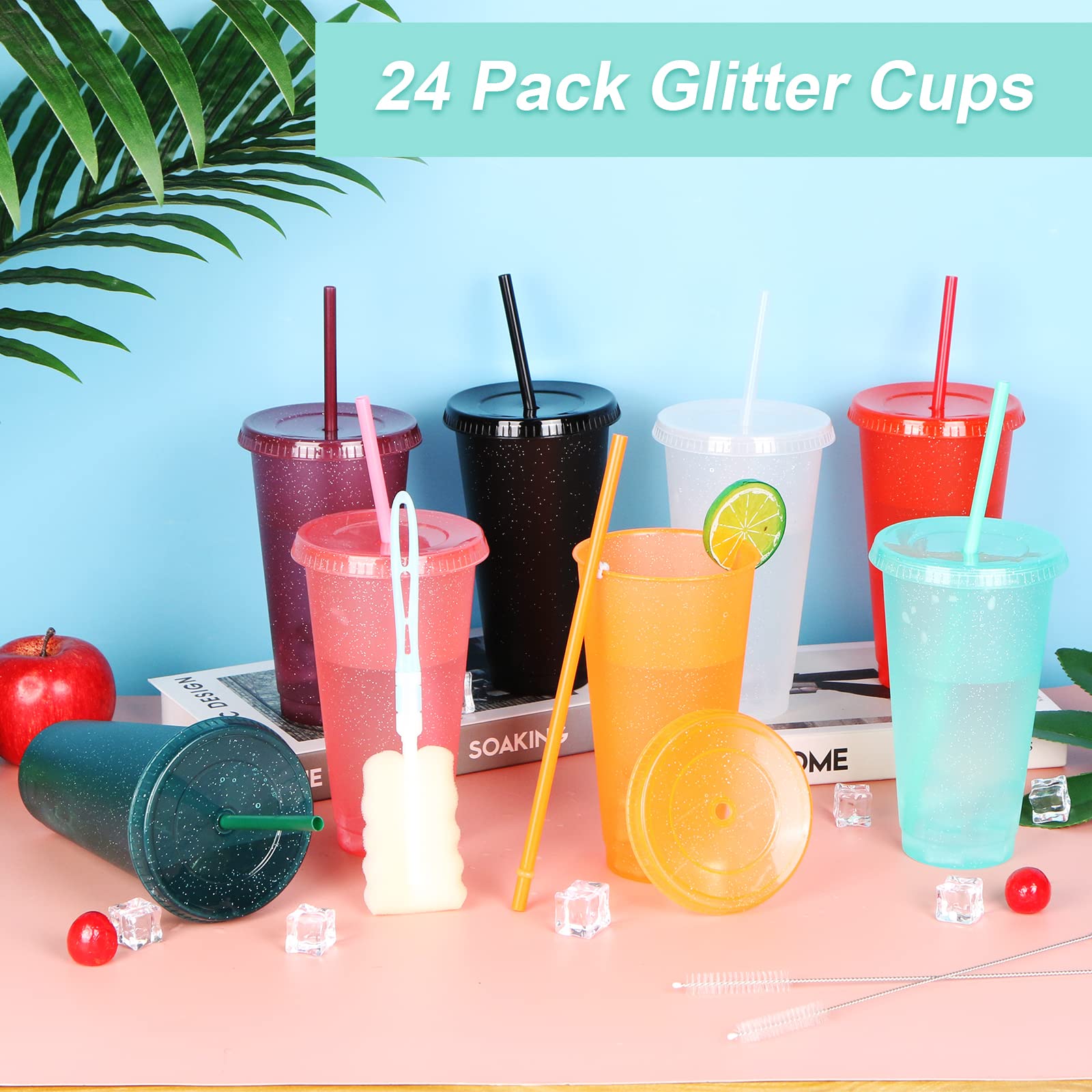 24 Pack Plastic Tumblers With Lids And Straws, Reusable Cups With Lids Plastic Colorful Cups For Parties Birthdays, Iced Coffee