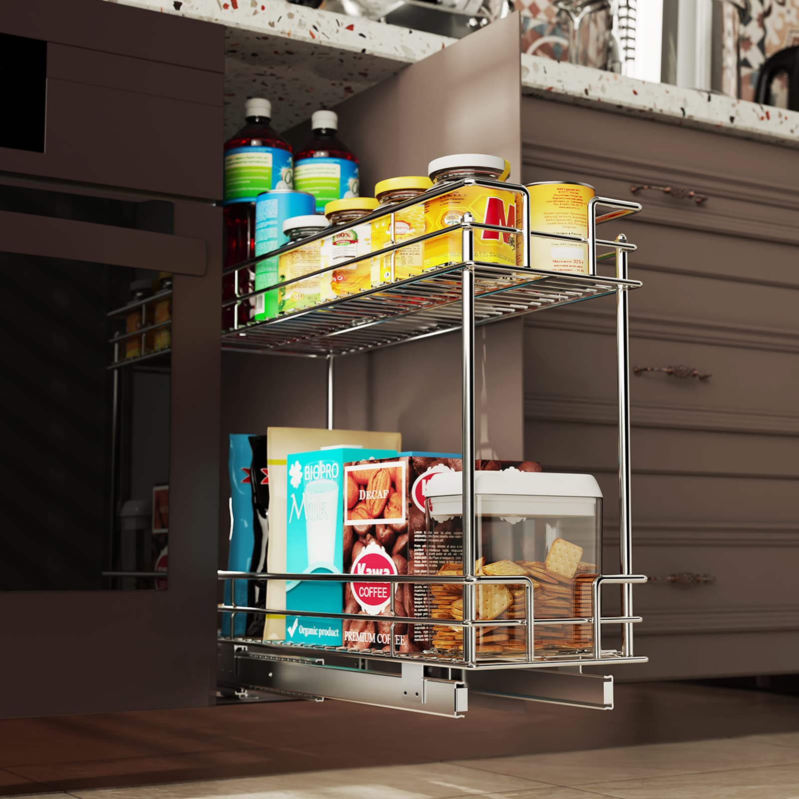 Lovmor Pull Out Cabinet Organizer And Storage (7'' W X 21'' D) 2-Tier Pull Out Shelf Storage For Kitchen Base Cabinet Silver (7'