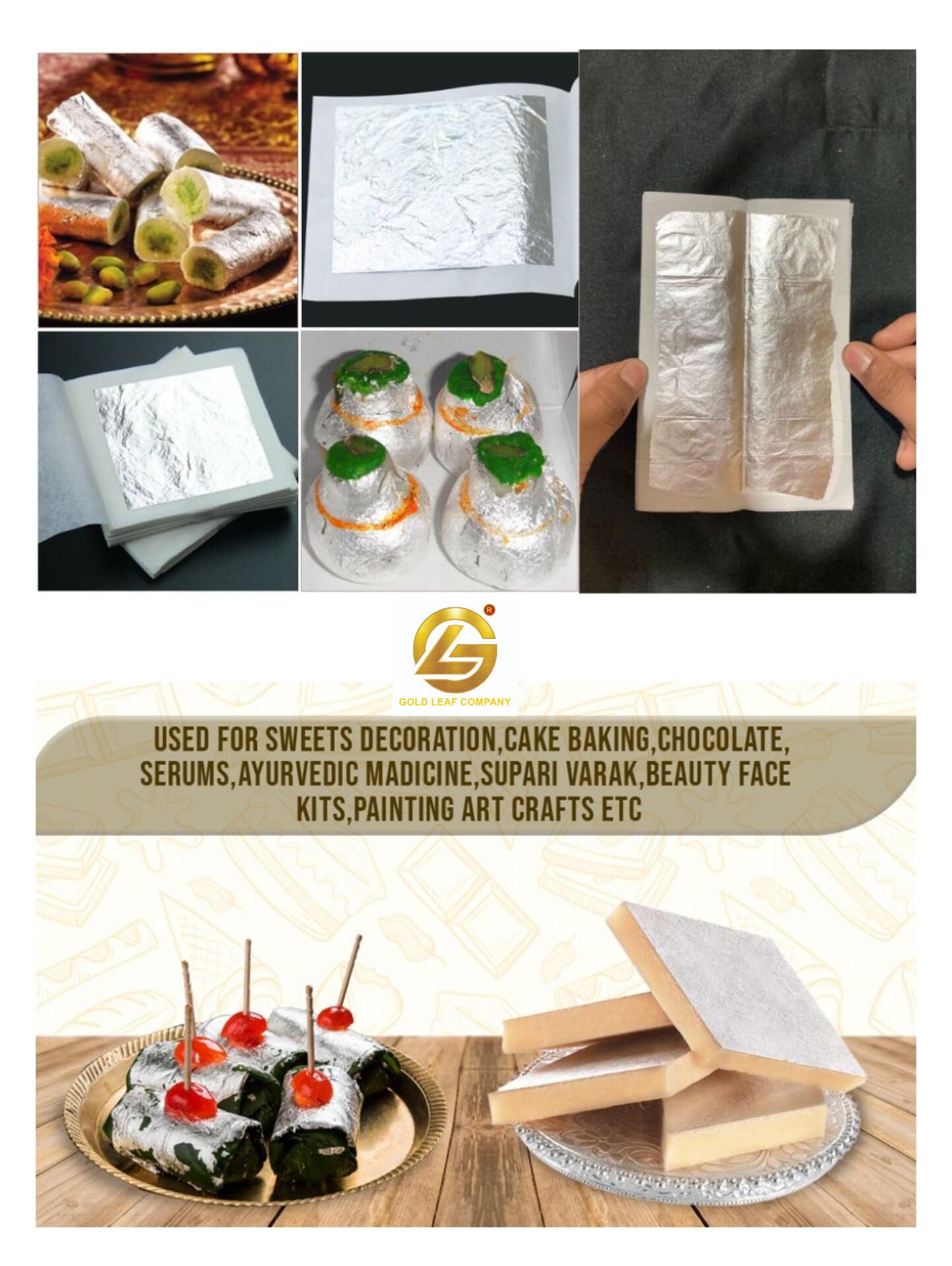 GOLD LEAF COMPANY .Silver FOIL VARAK FOILS 15pcs King Size 64 INCHES for Sweets Decoration,Cake Baking,Chocolate,SERUMS,AYURVEDI