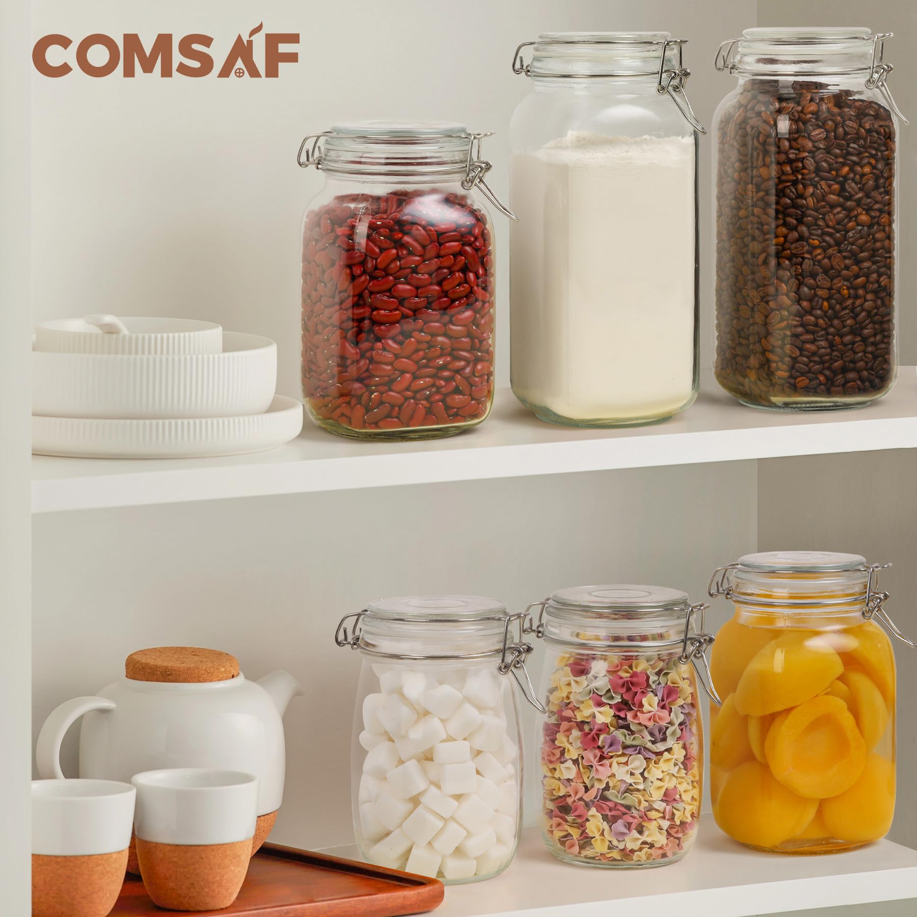 ComSaf Airtight Glass Canister Set of 3 with Lids 78oz Food Storage Jar Square - Storage Container with Clear Preserving Seal Wire Clip Fastening for Kitchen Canning Cereal Pasta Sugar Beans Spice