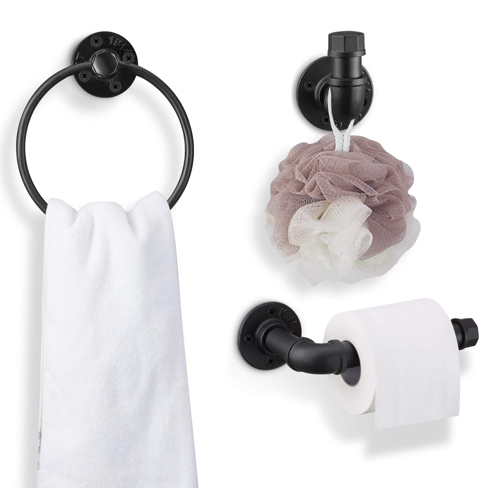 Industrial Black Bathroom Hardware Set  Wall Mounted Hardware Accessories  Includes Toilet Paper Holder Towel Ring Towel Hook Set  Matte Black Iron Finish for Bathroom 3PCS