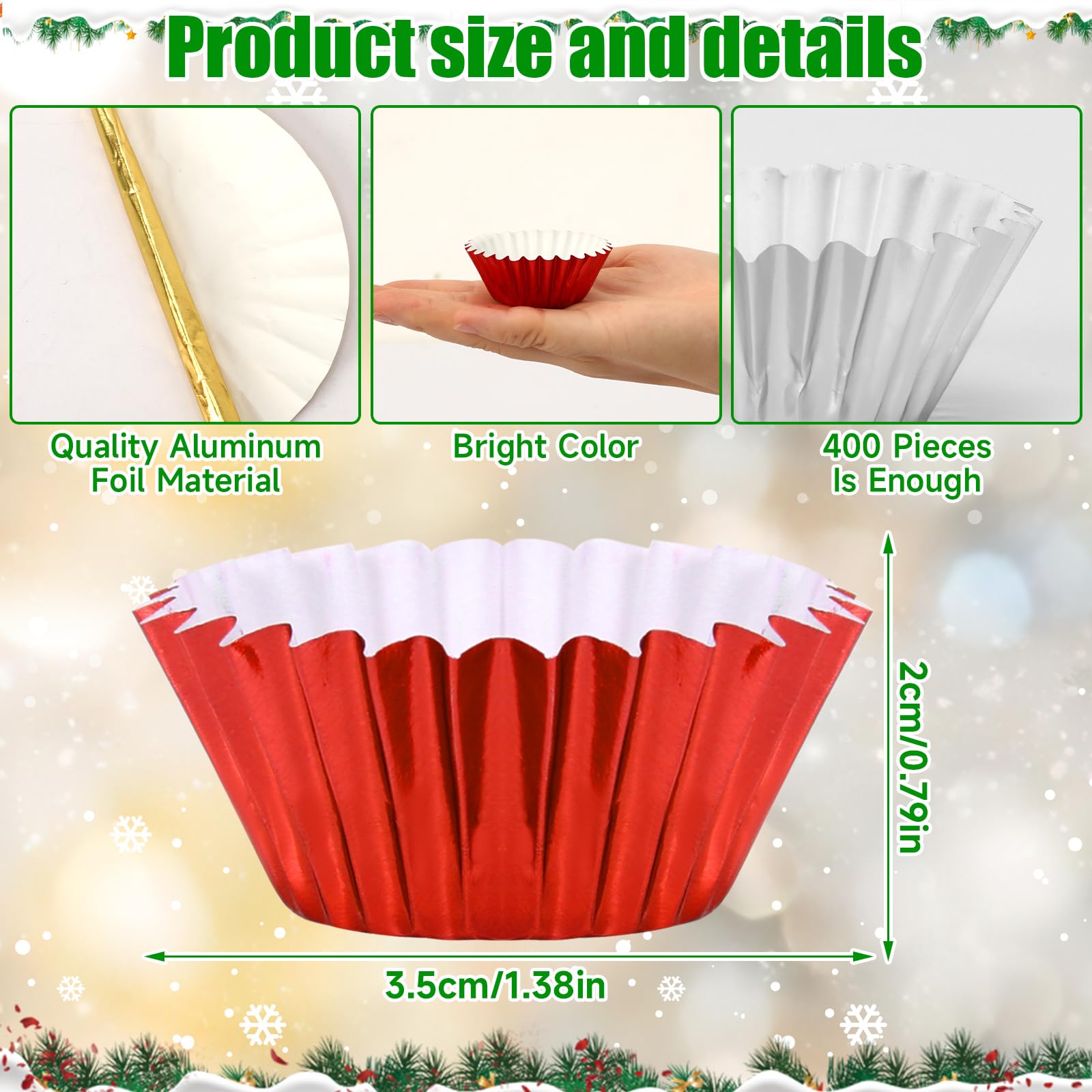 AUGSUN 400pcs Christmas Mini Foil Cupcake Liners Golden Red Green Silver Cupcake Baking Cups Metallic Mini Muffin Cupcake Wrappe