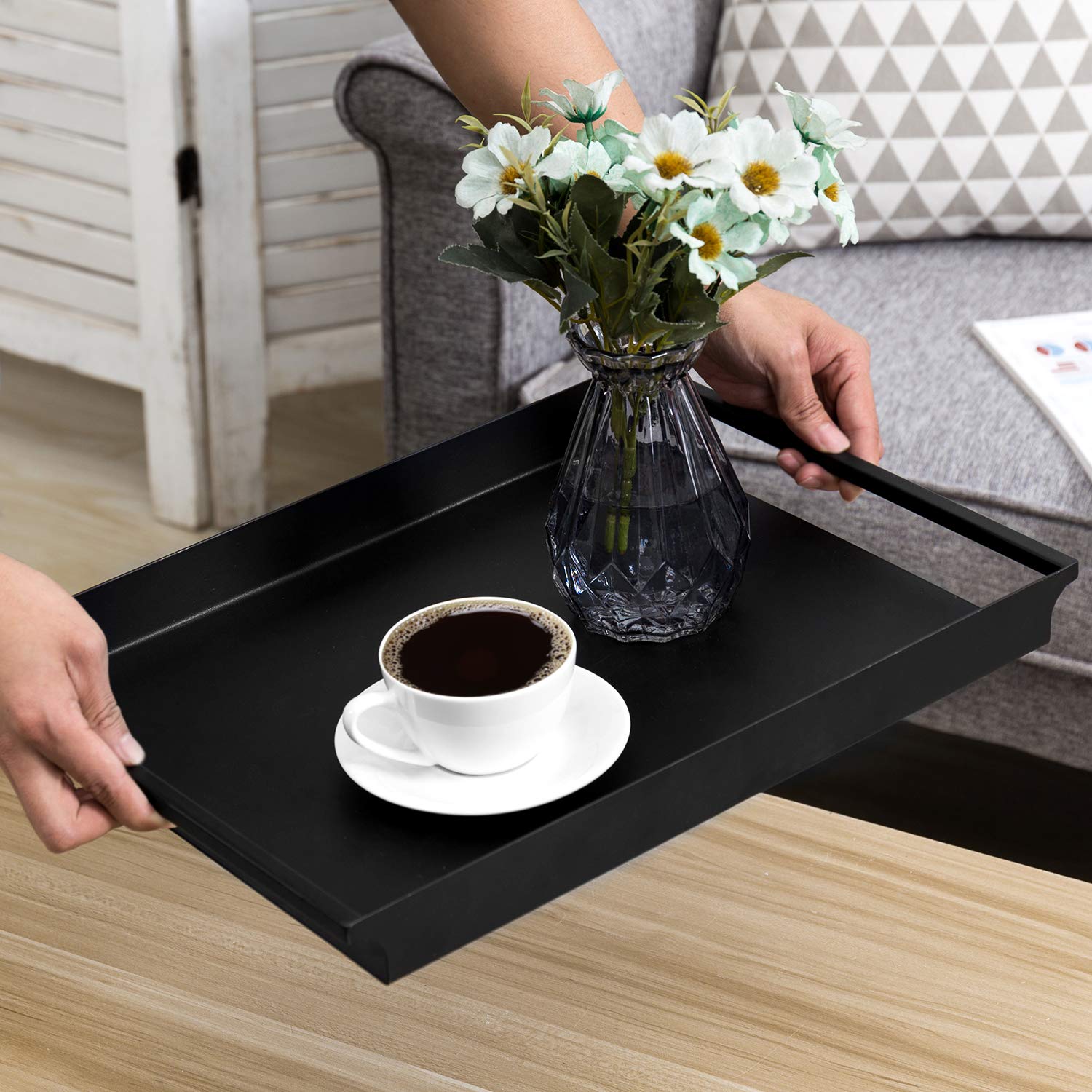 Mygift Decorative Serving Tray - Vintage Style Matte Black Metal Ottoman Coffee Table/Vanity Tray With Sleek Rounded Cutout Hand