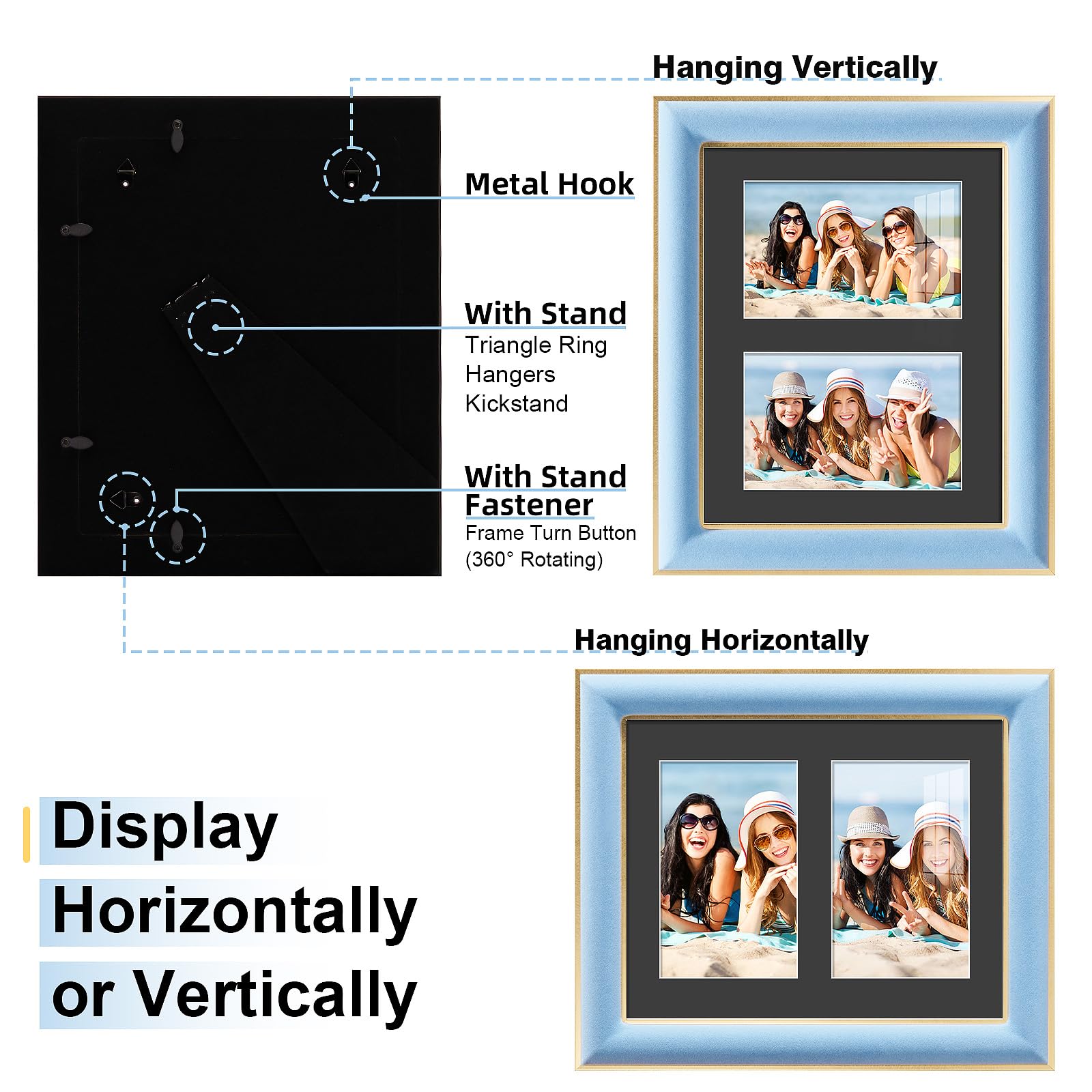 KSROECUD 8x10 Velvet Picture Frame with 2 Opening 4x6 Picture, HD Real Glass Spruce Blue Velvet Photo Frame with Black White Bor