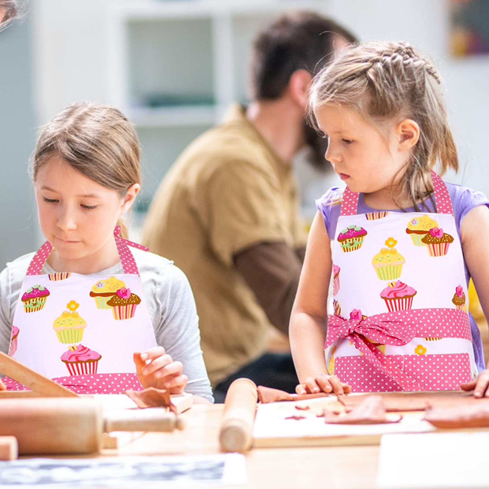 G2Plus Cotton Aprons, Toddler Apron With Pocket, Cupcake Pattern Apron For Cooking, Baking, Xmas, Gardening (Pink)