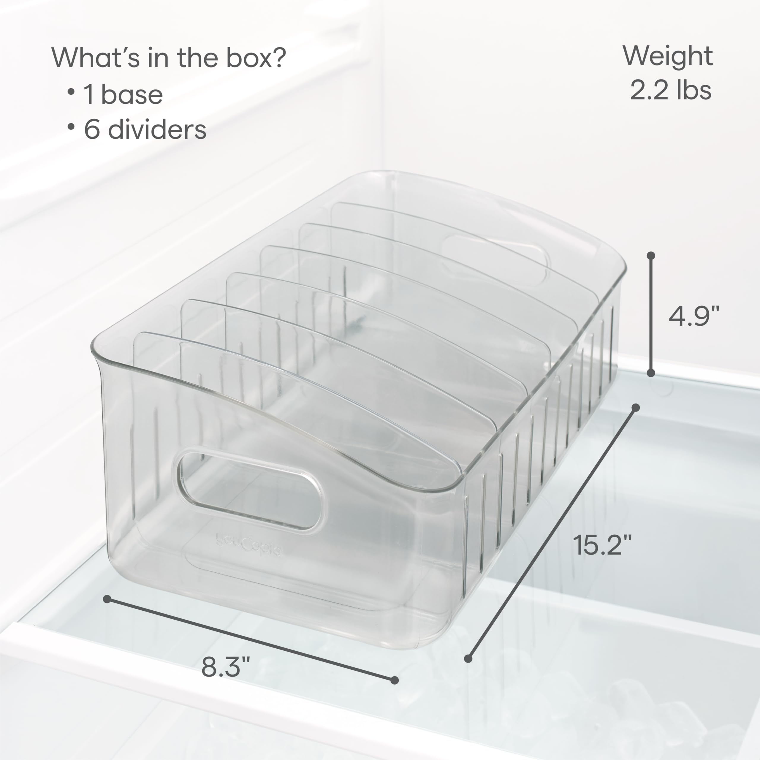 Youcopia Freezeup Freezer Bin 15'', Bpa-Free Clear Fridge Organizer With Adjustable Dividers And Handles For Frozen Food And Lef
