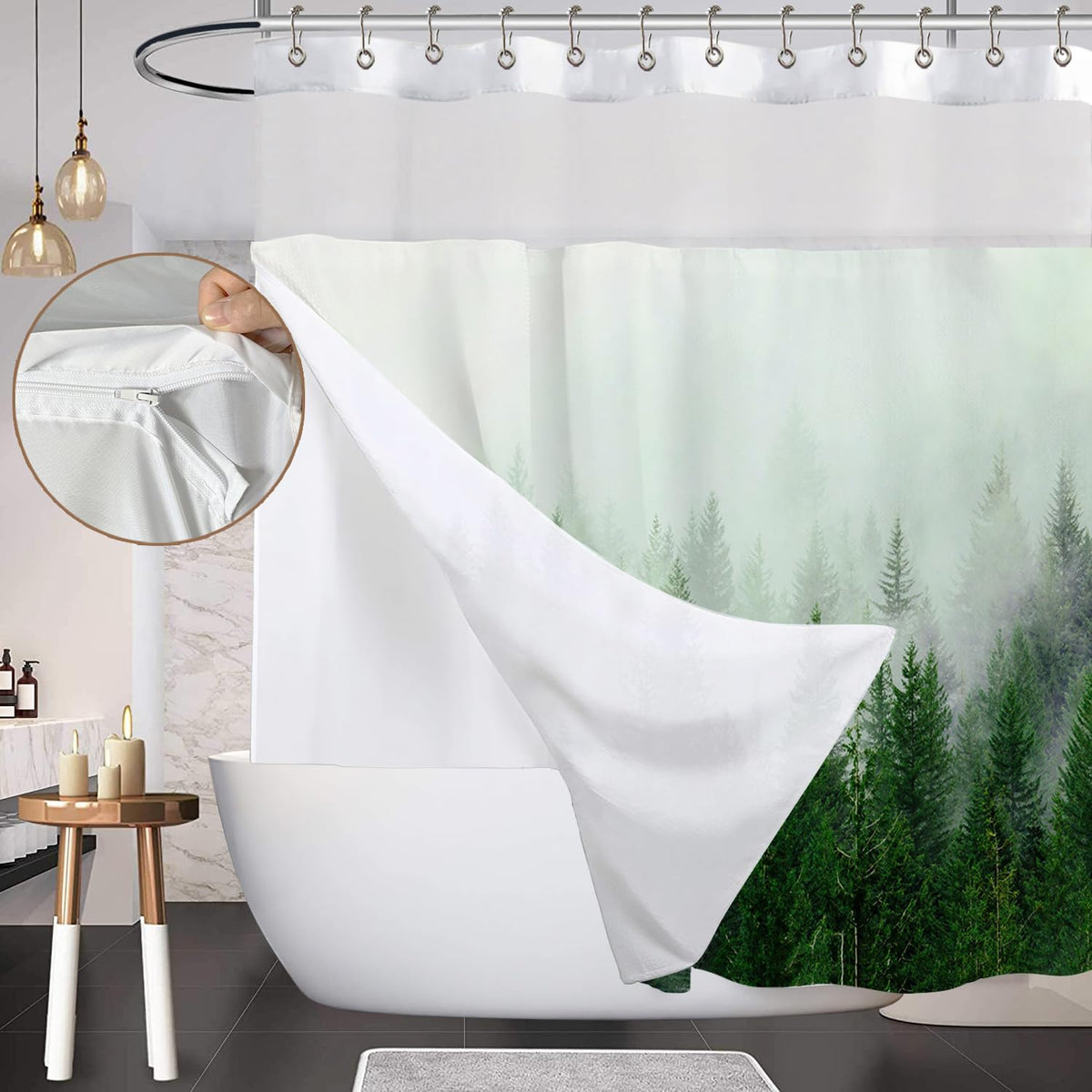 Ortigia Double Misty Forest Shower Curtain Set With Snap In Liner For Bathroom, Green Nature Shower Curtains With See Through To