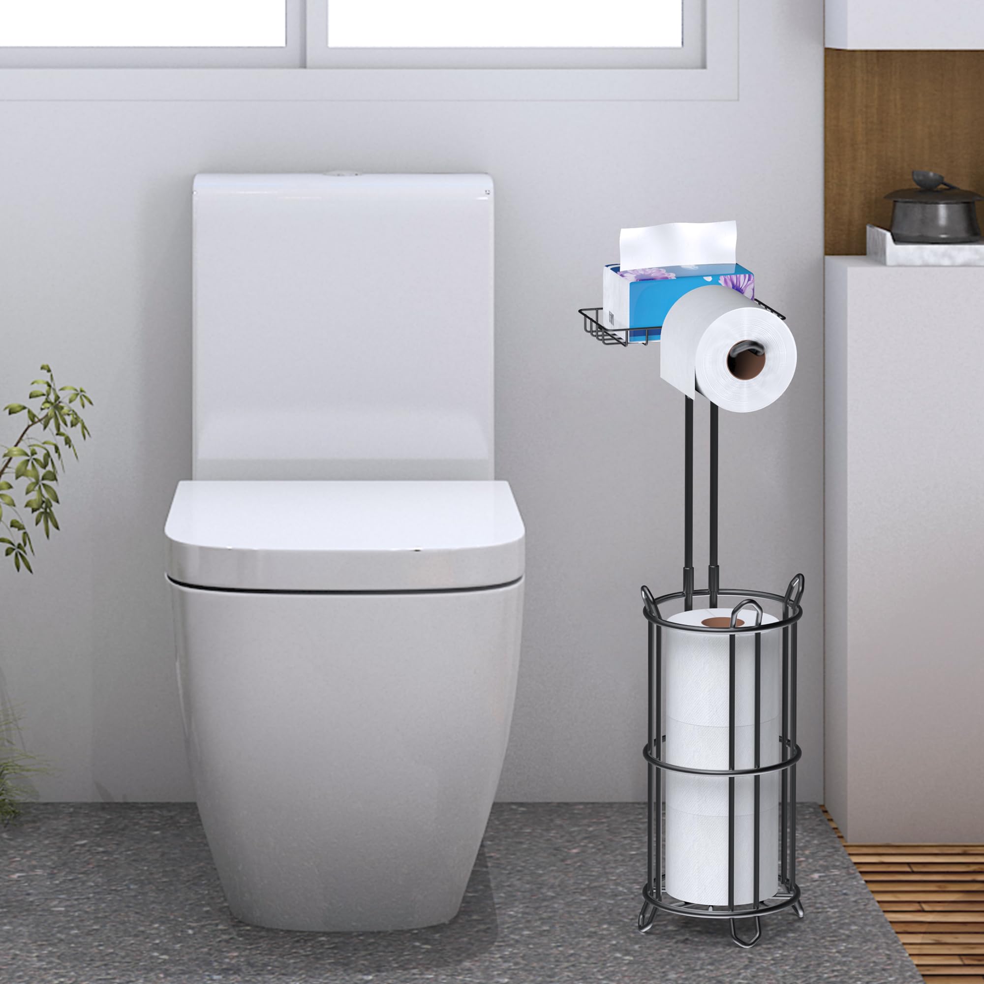 Meangood Toilet Paper Holder Stand With Shelf, Dispenser For 4 Mega Rolls, Bathroom Free Standing Tissue Roll Storage Holder Rac