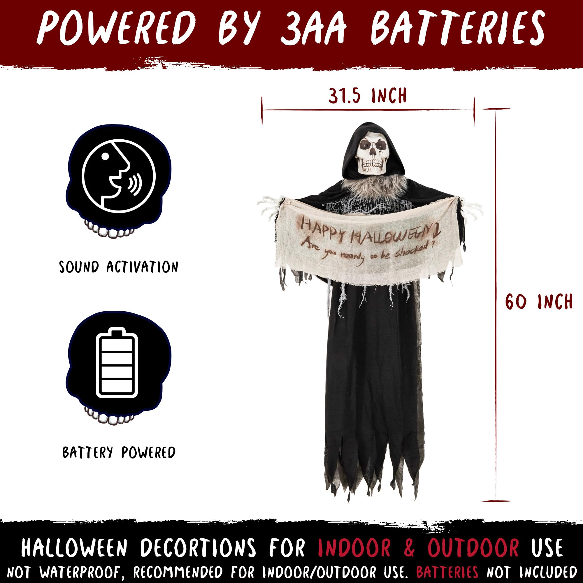 Halloween Animatronics 5ft Hanging Grim Reaper, 60in Animated Skeleton Decorations with Banner, Sound Activated, Creepy Voice, S